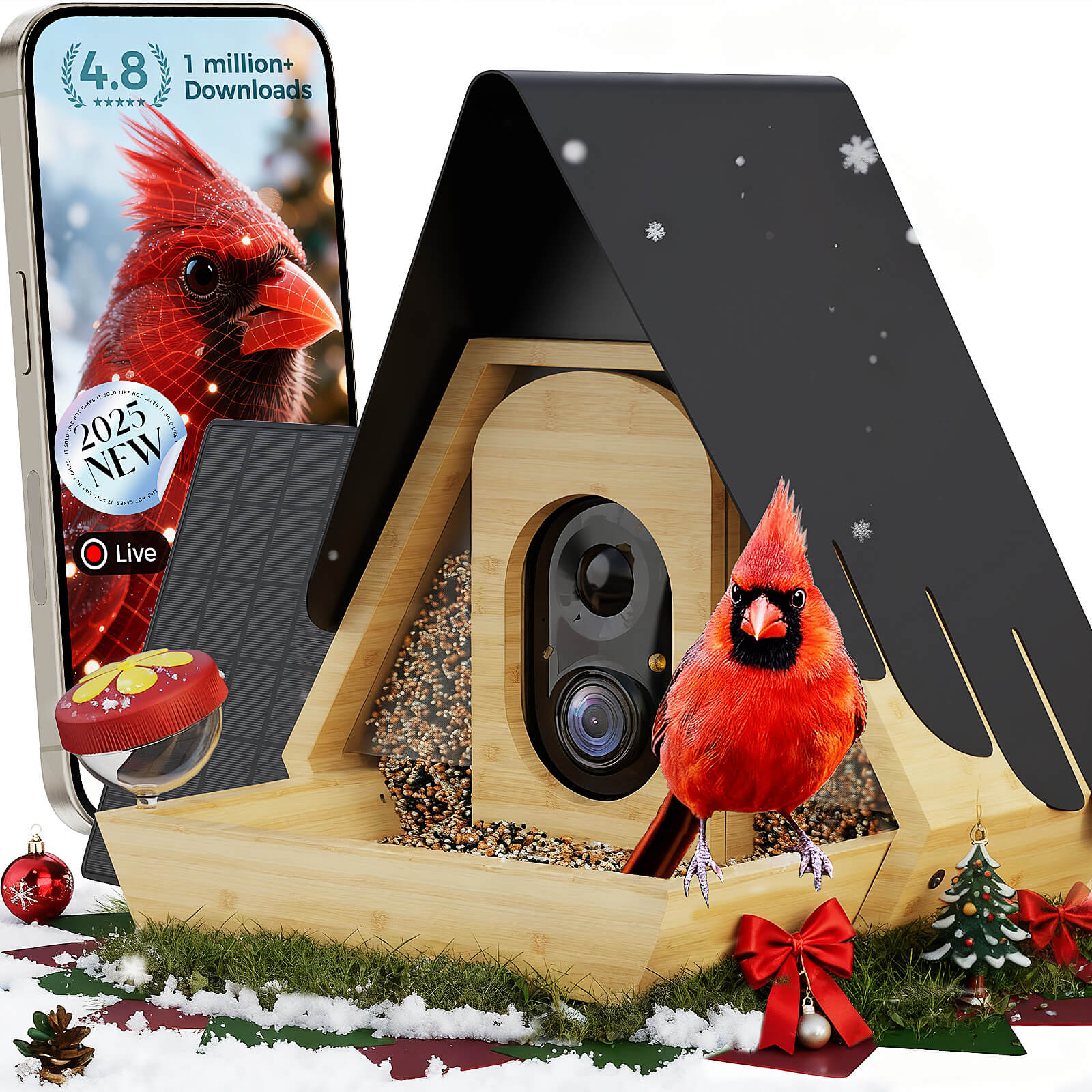 PerchMe® Bamboo Smart Bird Feeder with 2K AI Camera – FSC-Certified, Solar Powered, Eco-Friendly Gift for Bird Lovers (64G SD Card Included)