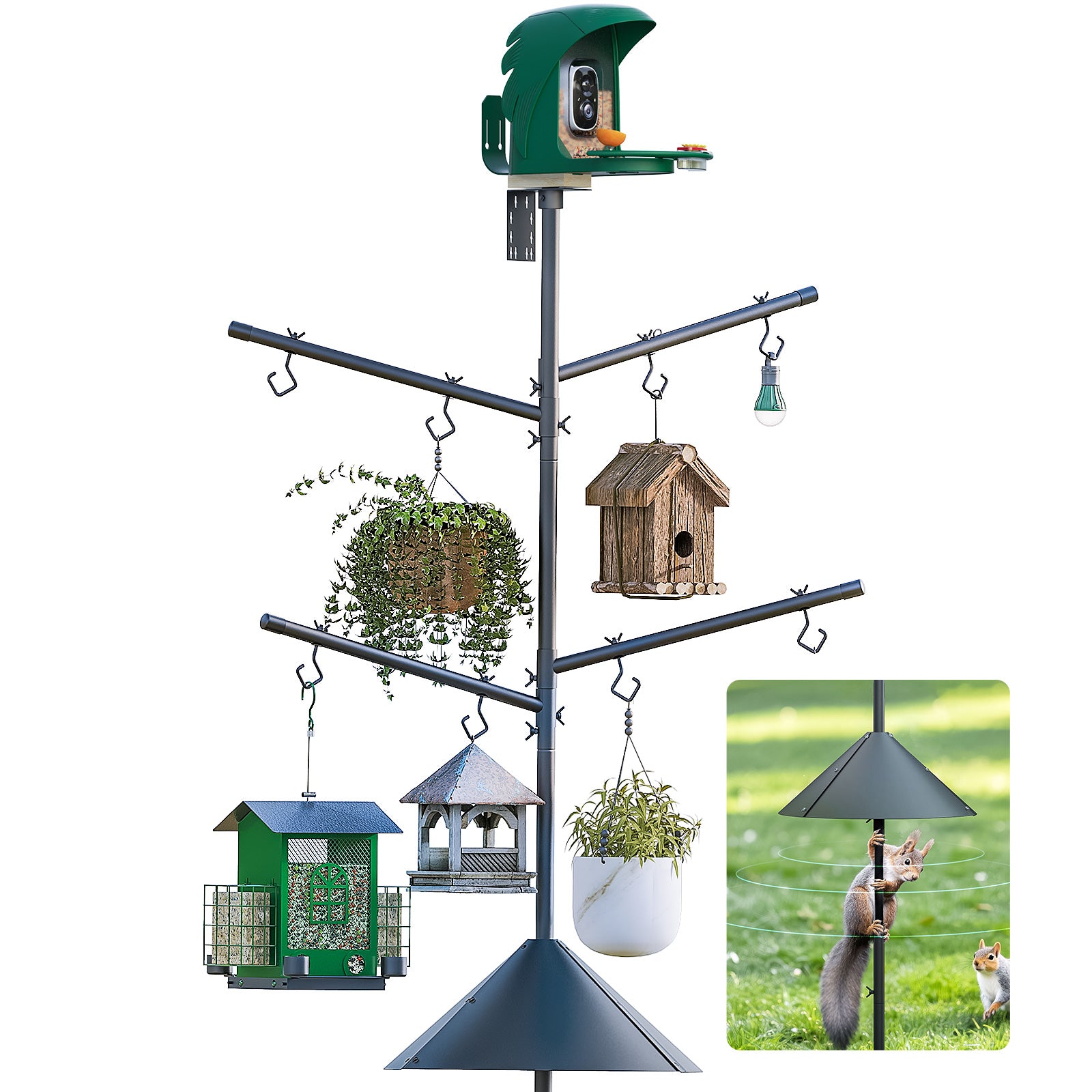 PerchMe Heavy-Duty Deluxe 92‘’ Bird Feeder Pole Station with Squirrel Baffle, 360° Rotating Crossbars & Hooks,Customizable Height