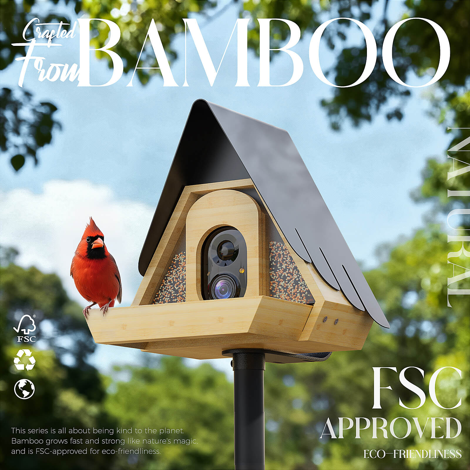 PerchMe® Bamboo Smart Bird Feeder with 2K AI Camera – FSC-Certified, Solar Powered, Eco-Friendly Gift for Bird Lovers (64G SD Card Included)