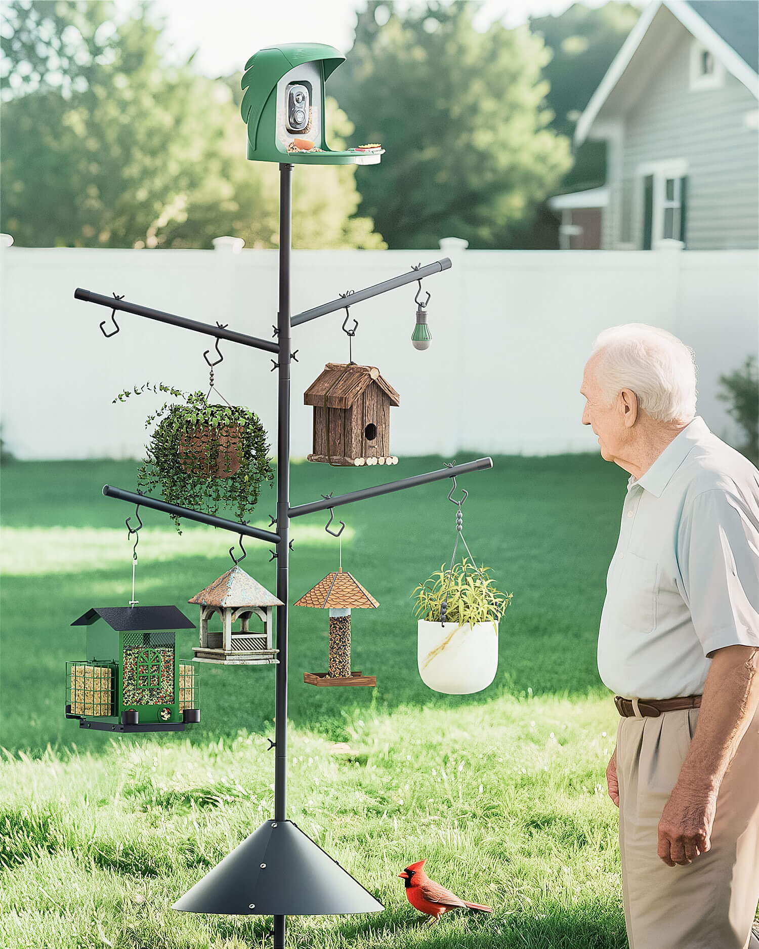 PerchMe deluxe bird feeder pole station with multiple hooks and bird feeders in a garden