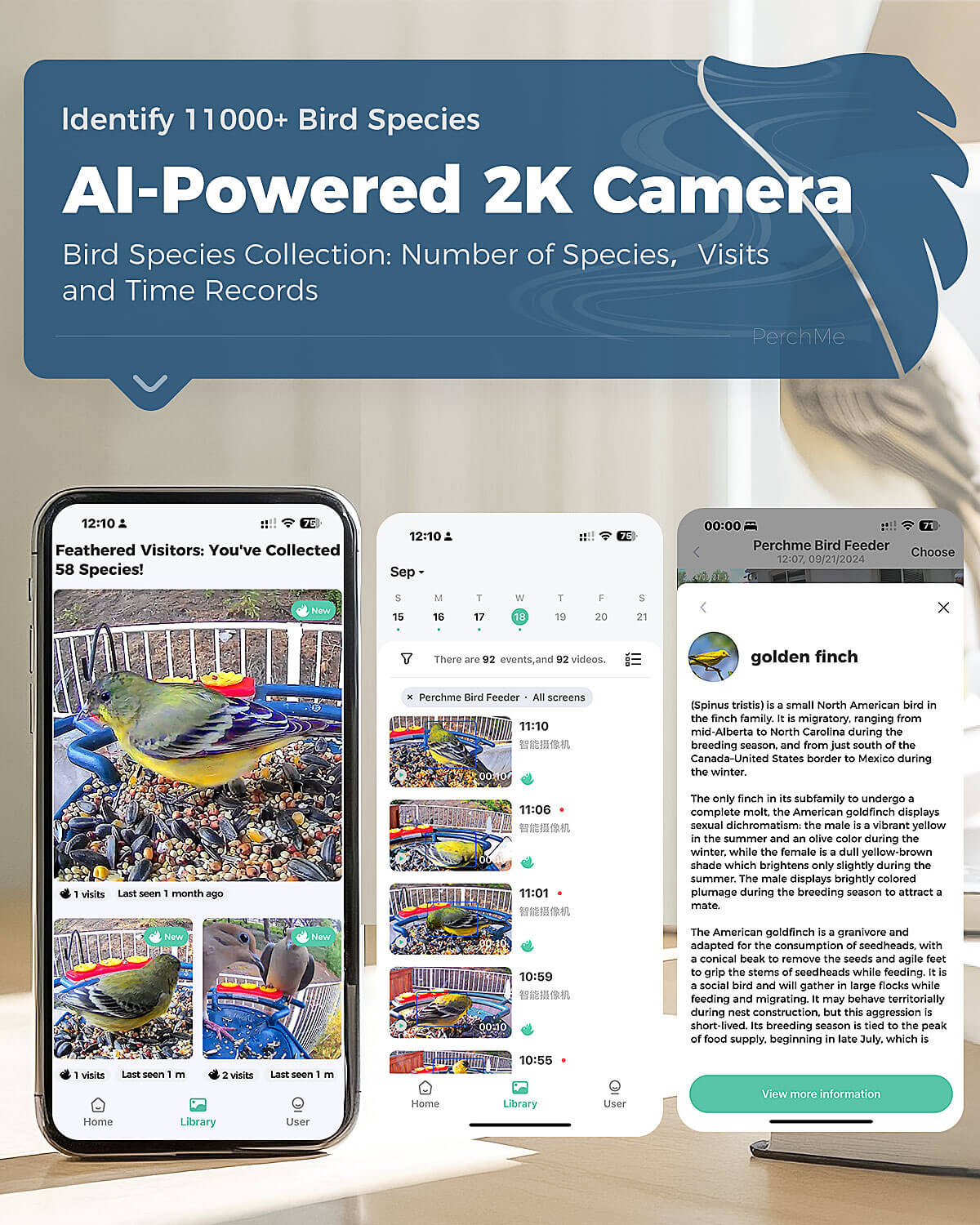 PerchMe Smart Bird Feeder - 2K AI Camera, Solar Power, Perfect Gift for Parents