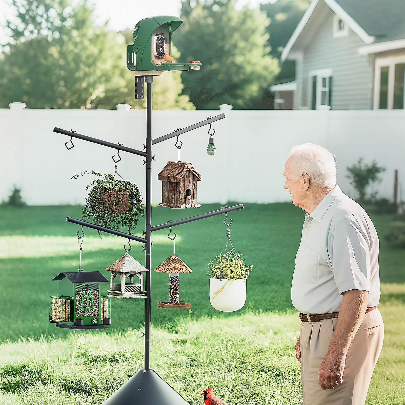 PerchMe 90'' Heavy-Duty Standard Bird Feeder Pole Station with Squirrel Baffle,Customizable Height,Universal Adapter Included