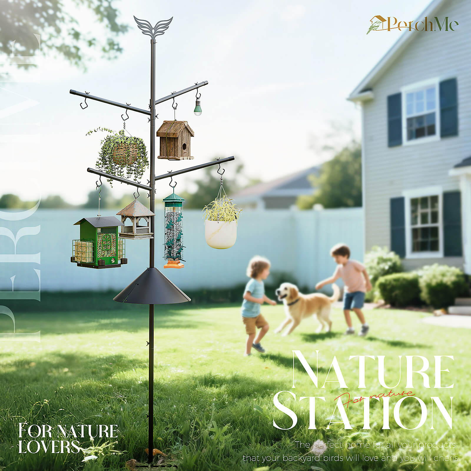 PerchMe Heavy-Duty Deluxe 92‘’ Bird Feeder Pole Station with Squirrel Baffle, 360° Rotating Crossbars & Hooks,Customizable Height