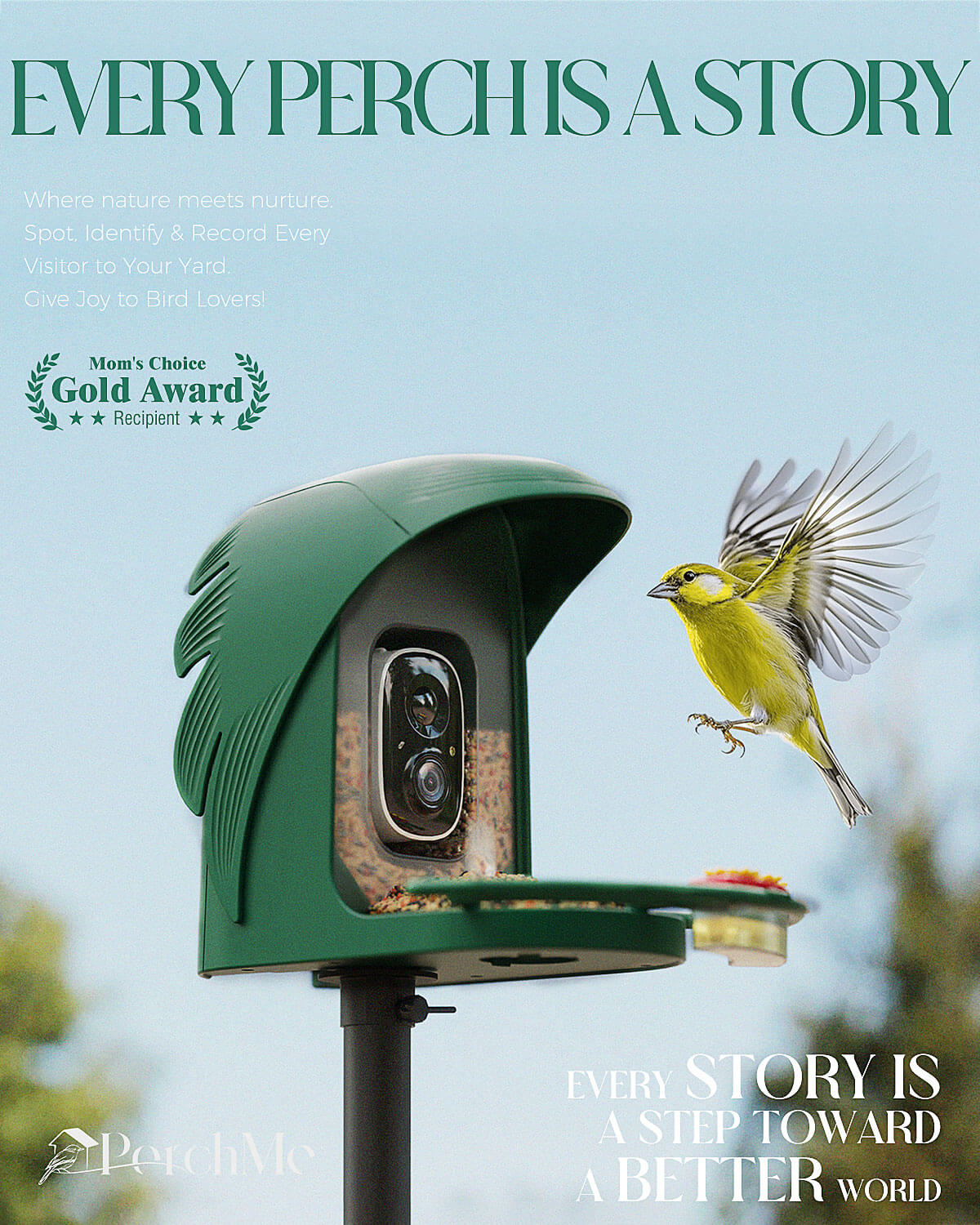 Green PerchMe smart bird feeder with a bird landing, text 'Every Perch is a Story' and a gold award badge
