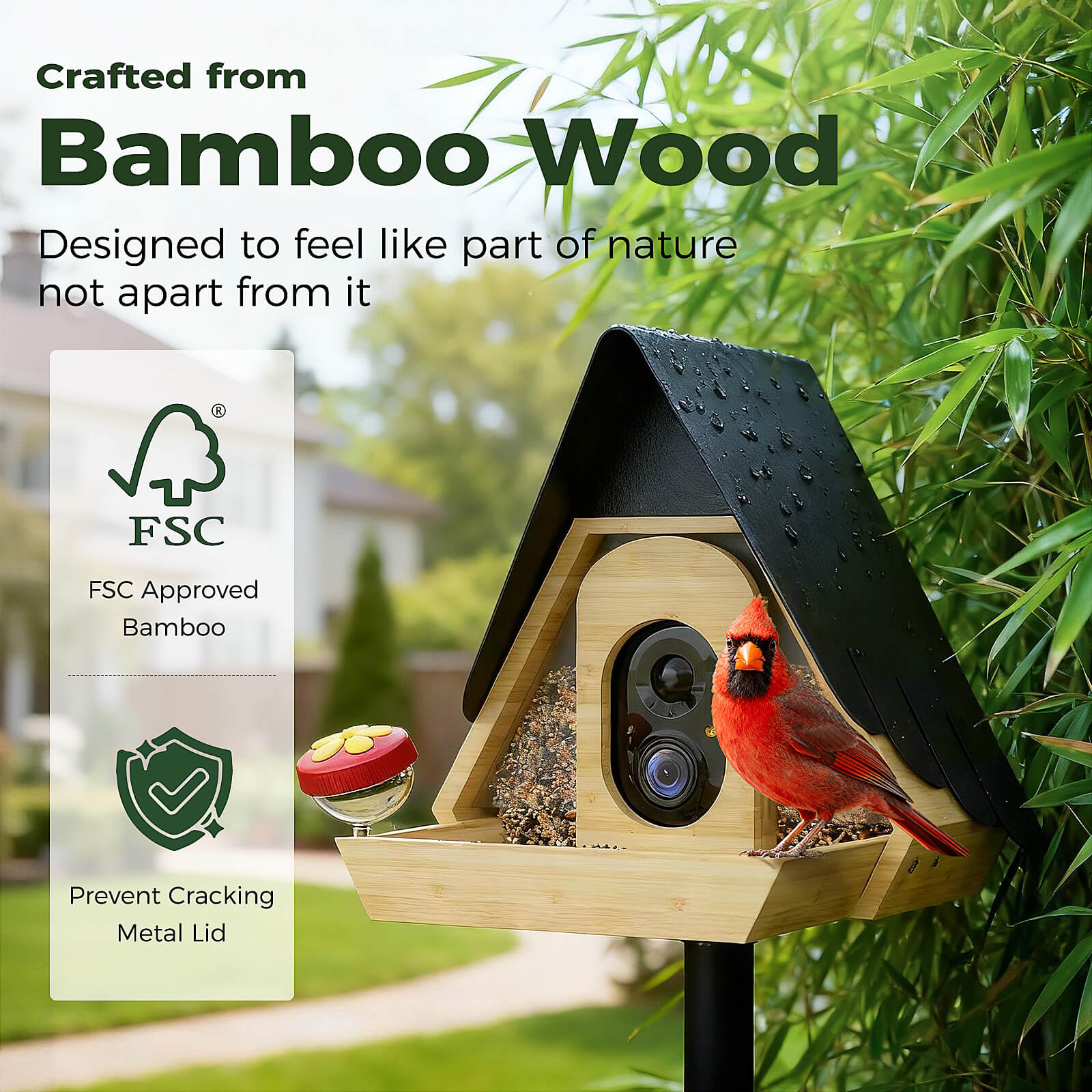 PerchMe® Bamboo Smart Bird Feeder with 2K AI Camera – FSC-Certified, Solar Powered, Eco-Friendly Gift for Bird Lovers (64G SD Card Included)