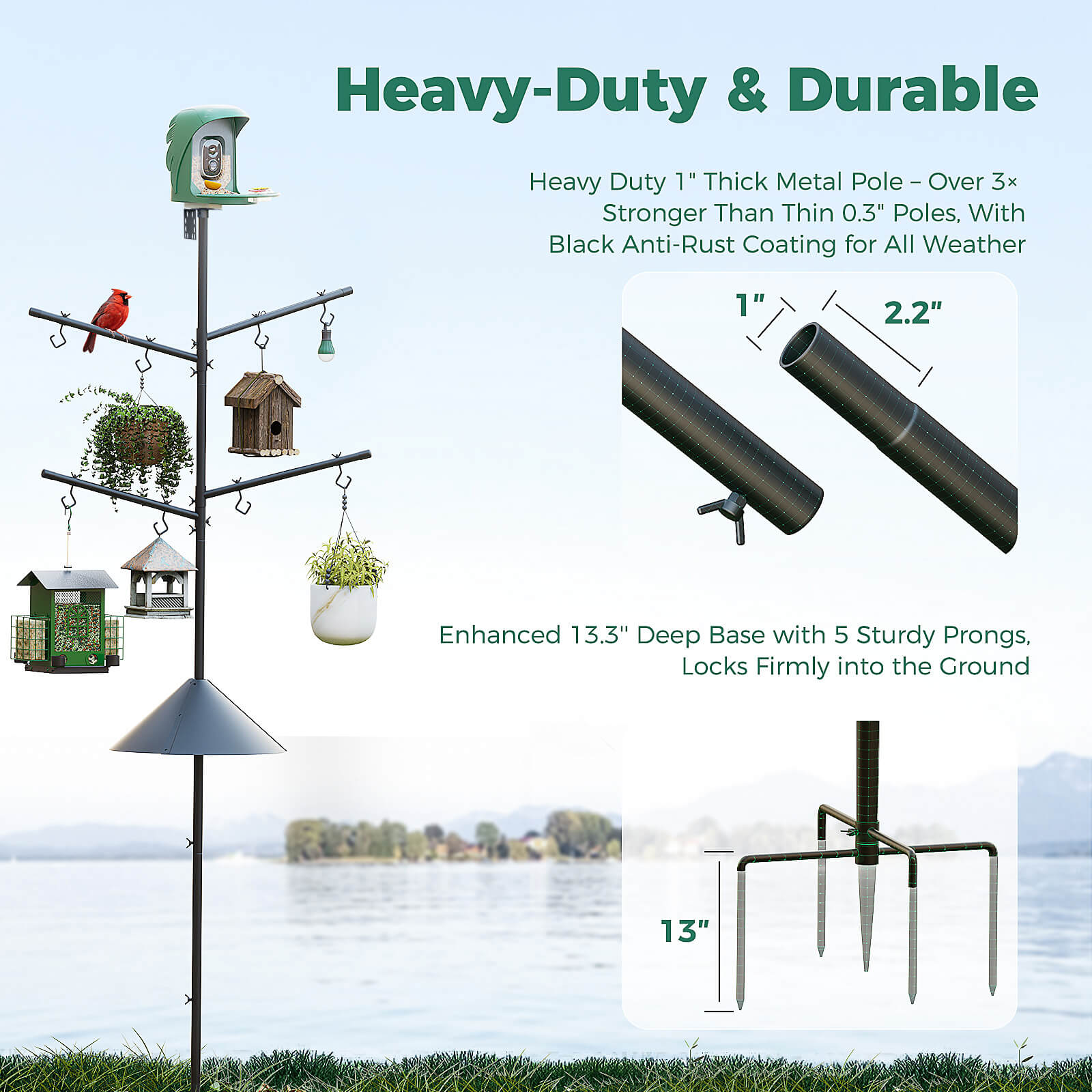 PerchMe Heavy-Duty Deluxe 92‘’ Bird Feeder Pole Station with Squirrel Baffle, 360° Rotating Crossbars & Hooks,Customizable Height