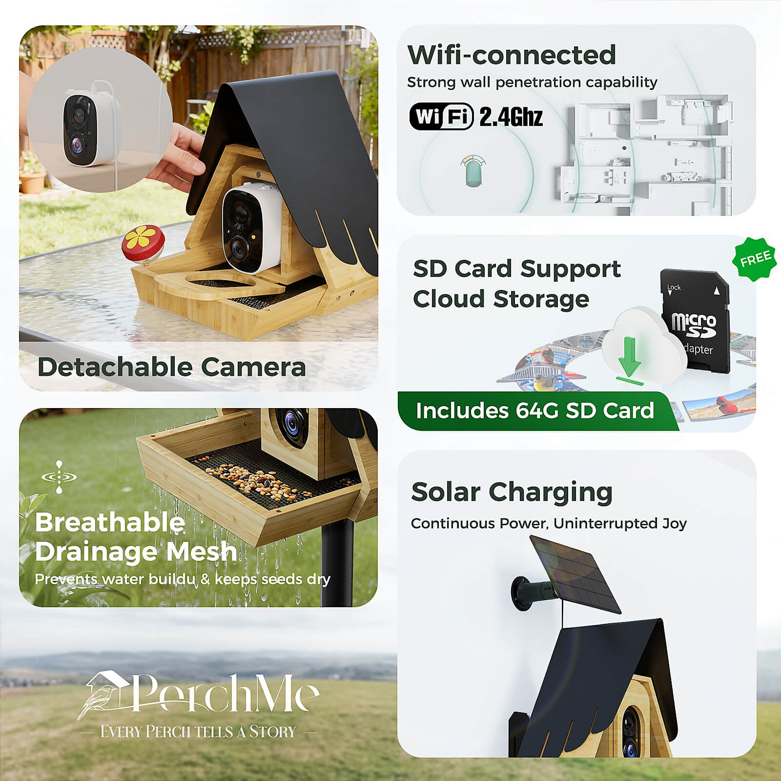 PerchMe® Bamboo Smart Bird Feeder with 2K AI Camera – FSC-Certified, Solar Powered, Eco-Friendly Gift for Bird Lovers (64G SD Card Included)