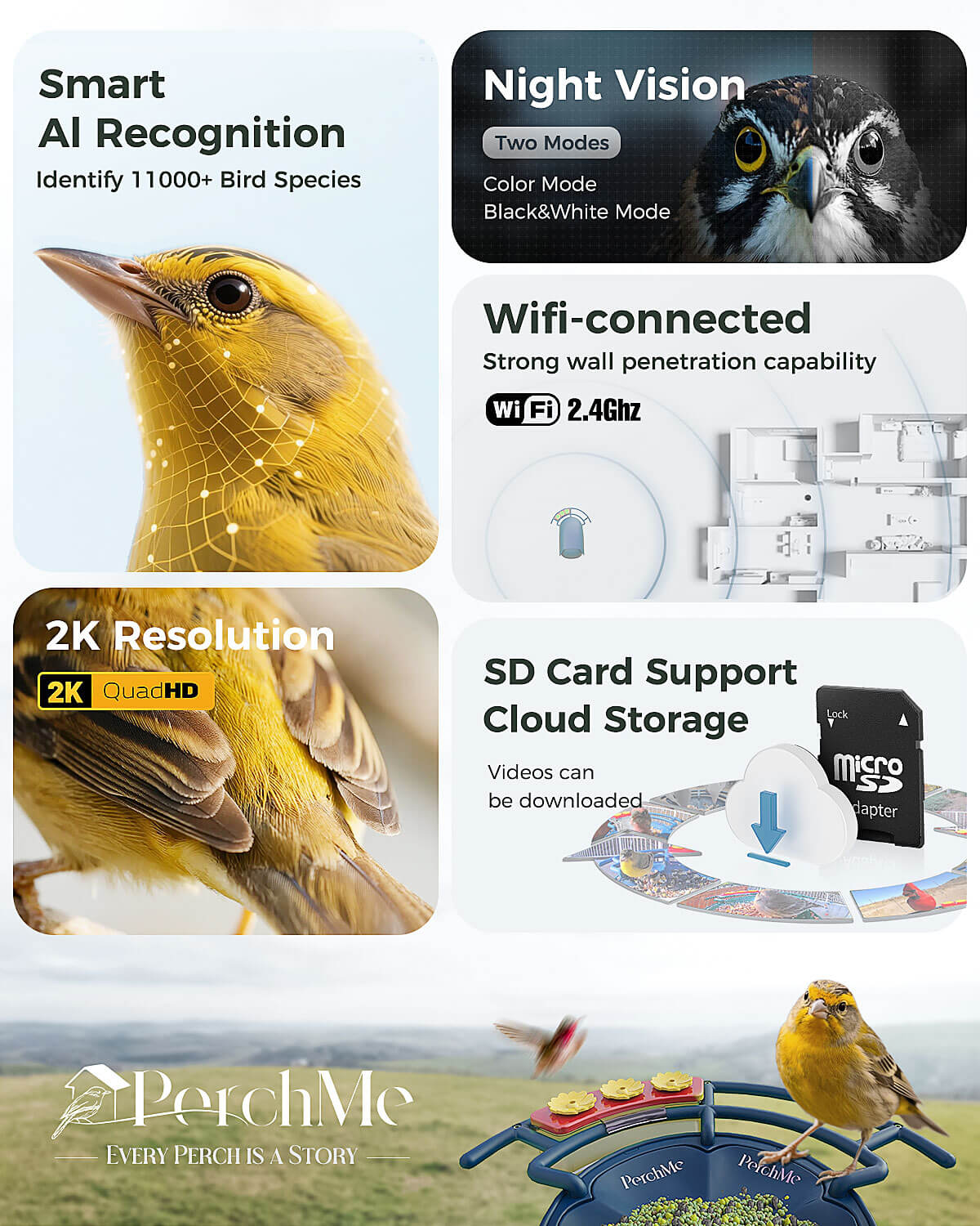 PerchMe Smart Bird Feeder Camera – 2K AI, Solar Powered, Perfect Gift for Bird Lovers
