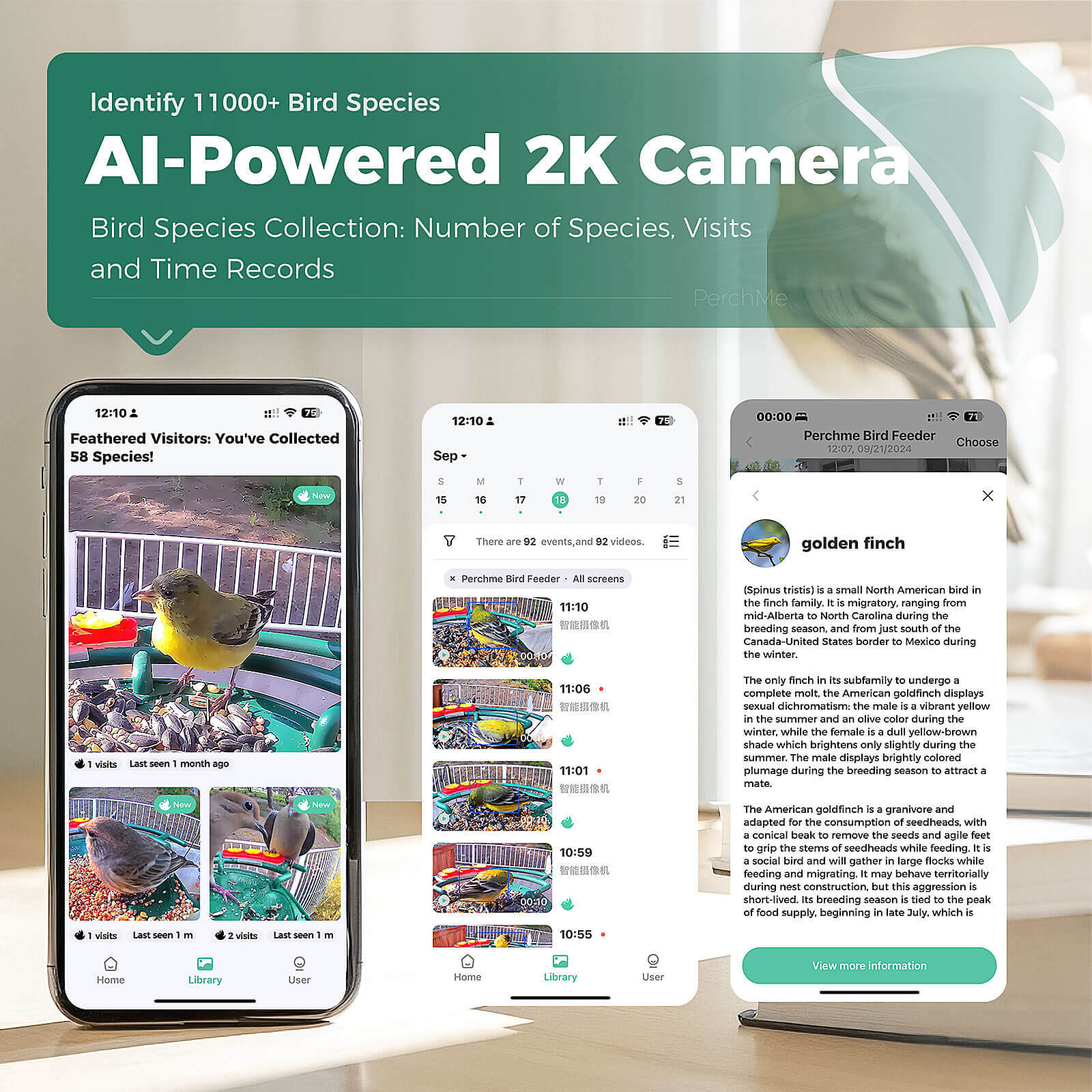 PerchMe Smart AI Bird Feeder & Pole Bundle - Solar-Powered 2K AI Camera + Heavy-Duty Adjustable Squirrel-Proof Bird Feeder Pole