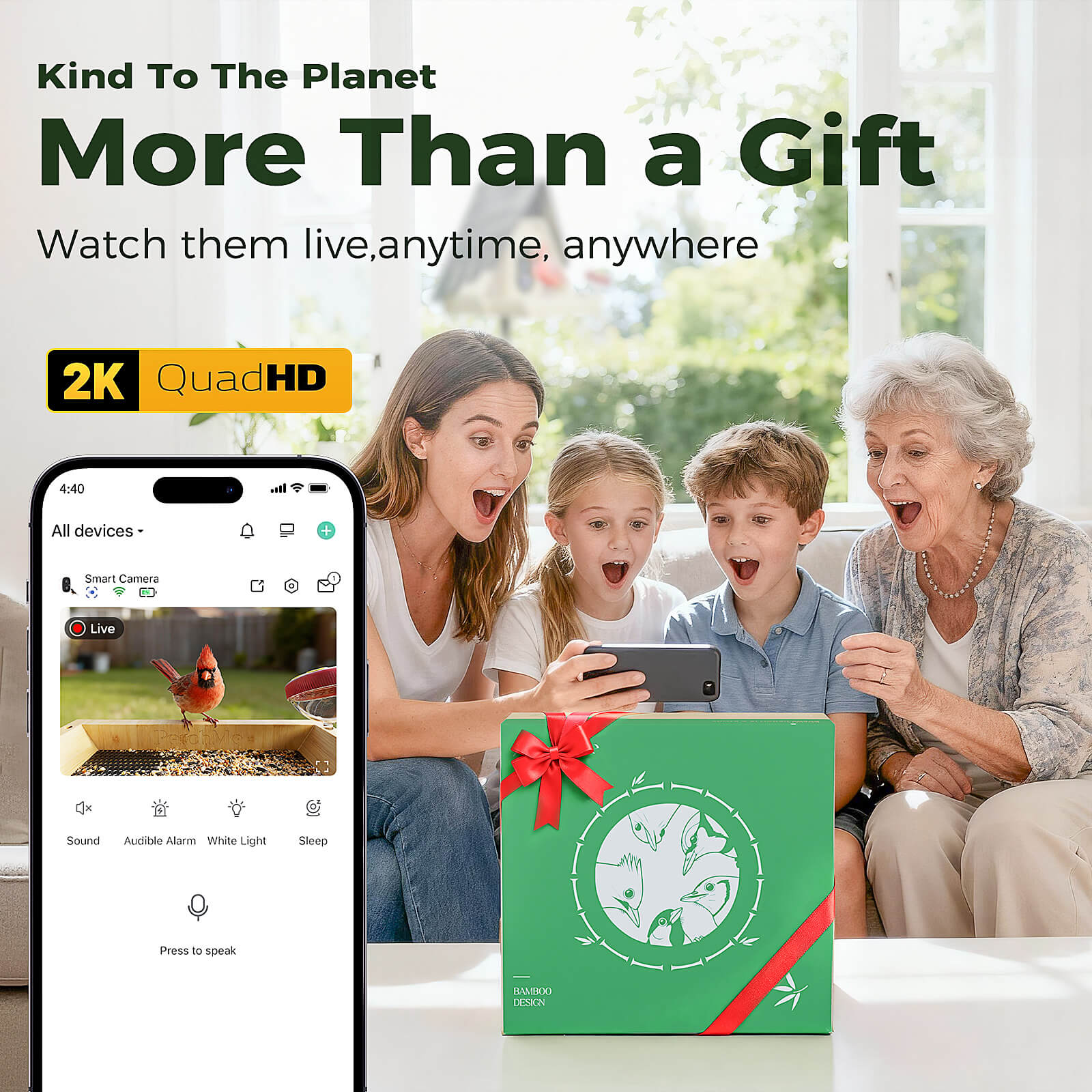 PerchMe® Bamboo Smart Bird Feeder with 2K AI Camera – FSC-Certified, Solar Powered, Eco-Friendly Gift for Bird Lovers (64G SD Card Included)