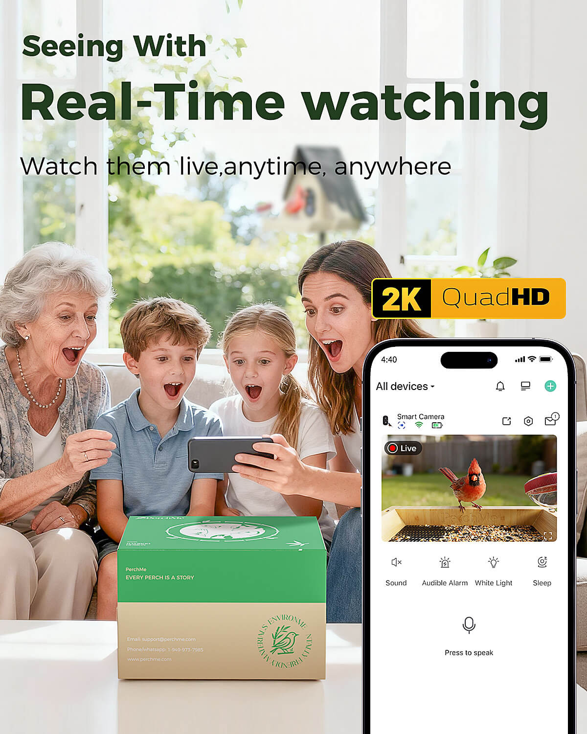 PerchMe® Bamboo Smart Bird Feeder with 2K AI Camera – FSC-Certified, Solar Powered, Eco-Friendly Gift for Bird Lovers (64G SD Card Included)