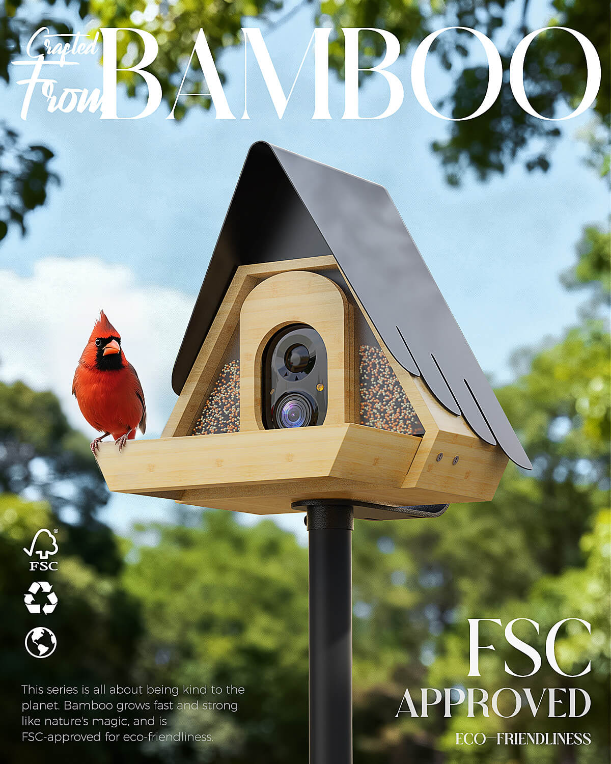 PerchMe® Bamboo Smart Bird Feeder with 2K AI Camera – FSC-Certified, Solar Powered, Eco-Friendly Gift for Bird Lovers (64G SD Card Included)