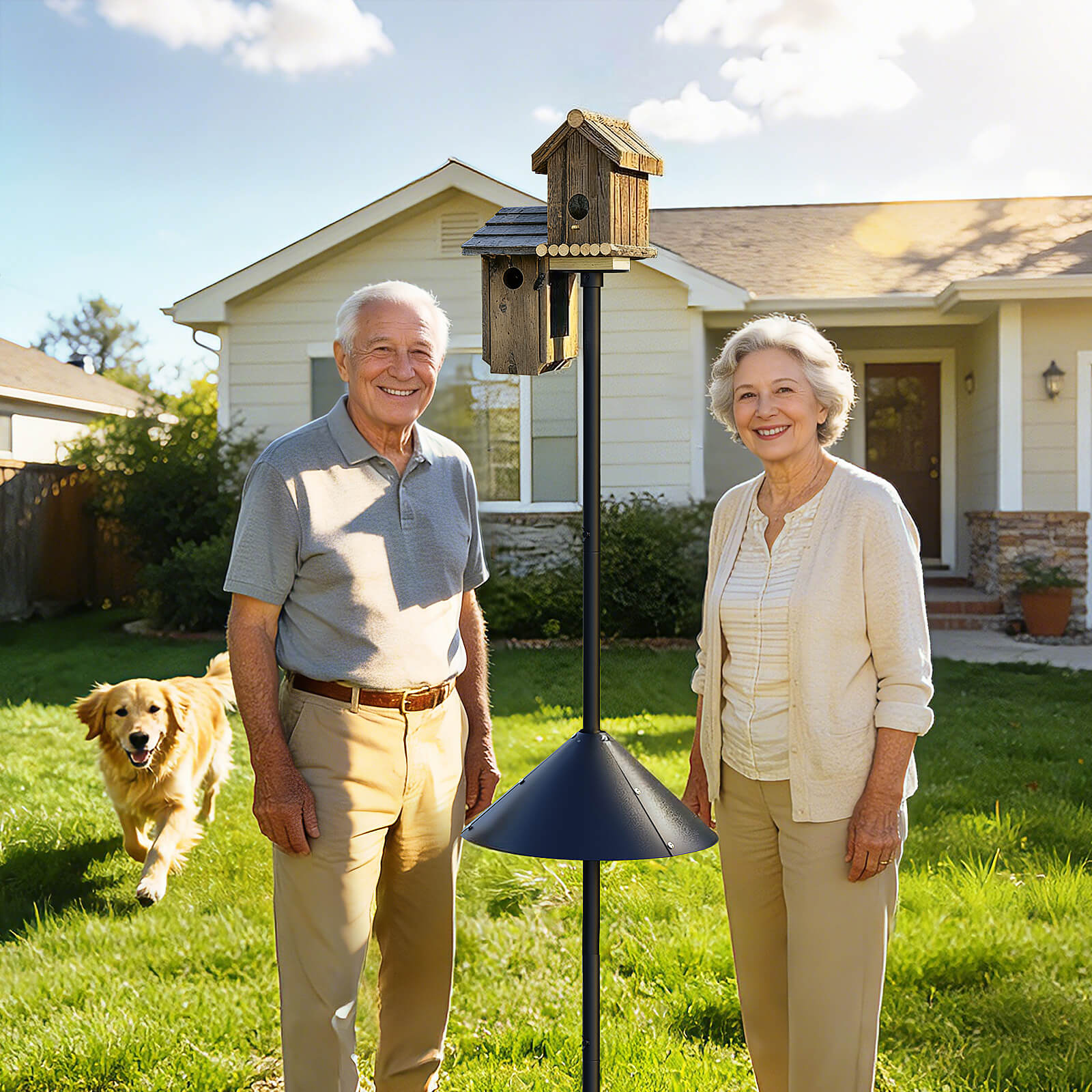 PerchMe 90'' Heavy-Duty Standard Bird Feeder Pole Station with Squirrel Baffle,Customizable Height,Universal Adapter Included