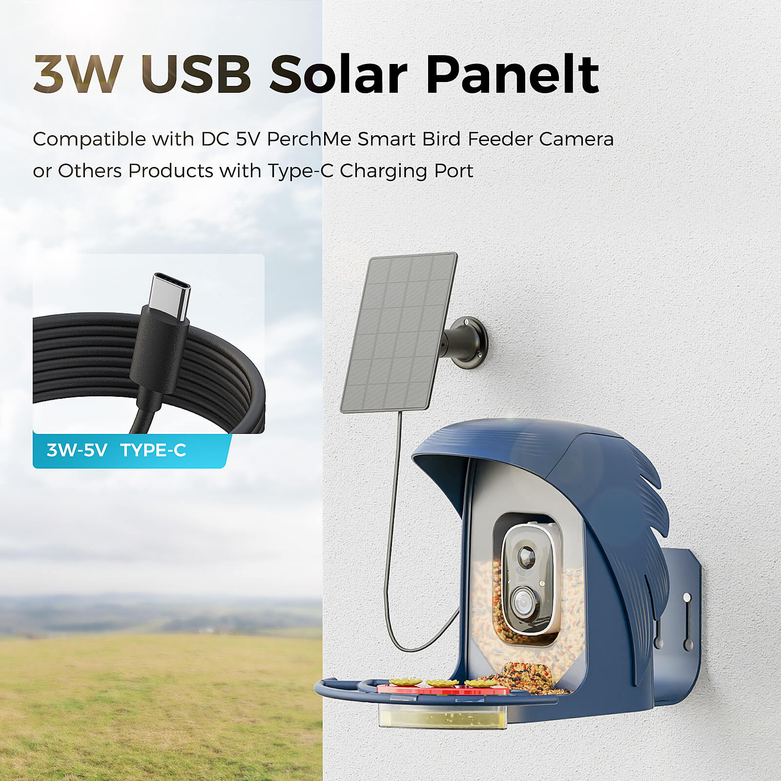 PerchMe Solar Panel for Bird Feeder Camera only, Type-C Charger, IP65 Waterproof for Outdoors, Continuously Power Supply, 360° Swivel Bracket