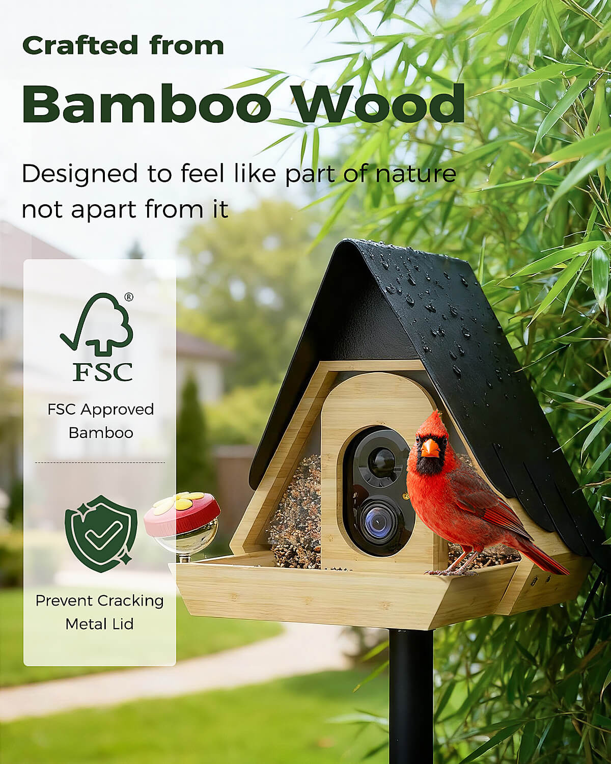 PerchMe® Bamboo Smart Bird Feeder with 2K AI Camera – FSC-Certified, Solar Powered, Eco-Friendly Gift for Bird Lovers (64G SD Card Included)