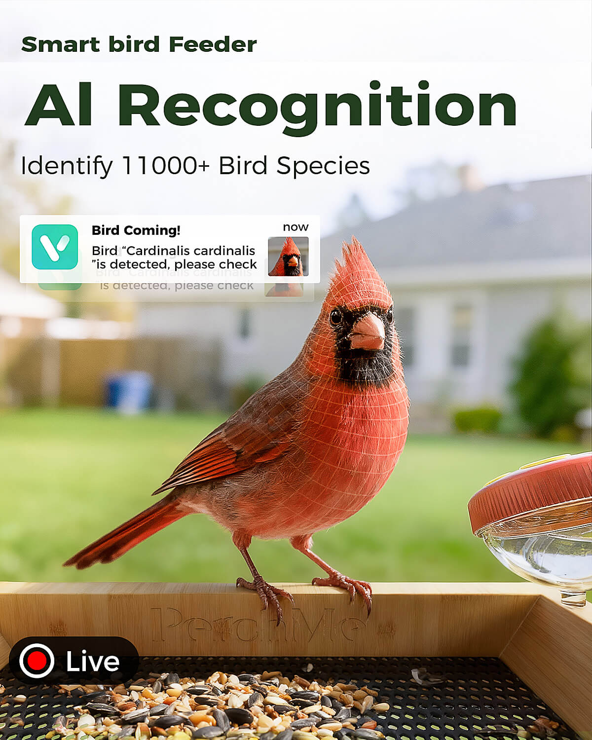 PerchMe® Bamboo Smart Bird Feeder with 2K AI Camera – FSC-Certified, Solar Powered, Eco-Friendly Gift for Bird Lovers (64G SD Card Included)