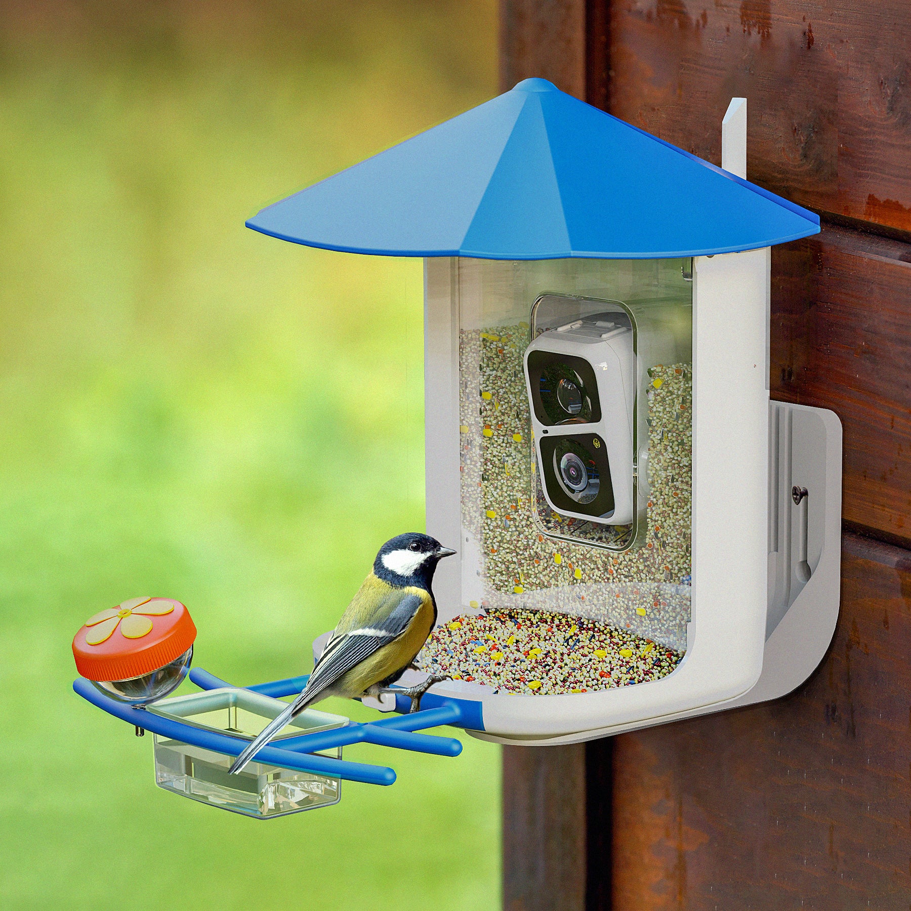 PerchMe Smart Bird Feeder with AI Camera & Solar Panel Vermillion & Azure Canopy