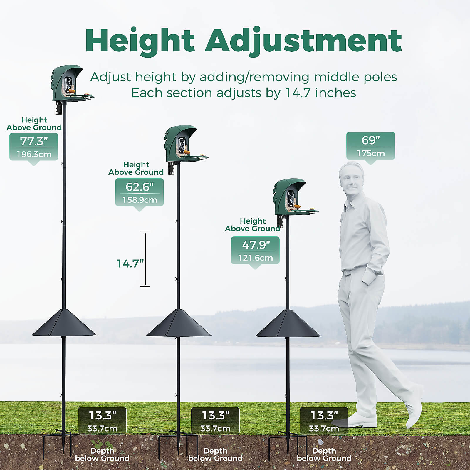 PerchMe Heavy-Duty Deluxe 92‘’ Bird Feeder Pole Station with Squirrel Baffle, 360° Rotating Crossbars & Hooks,Customizable Height