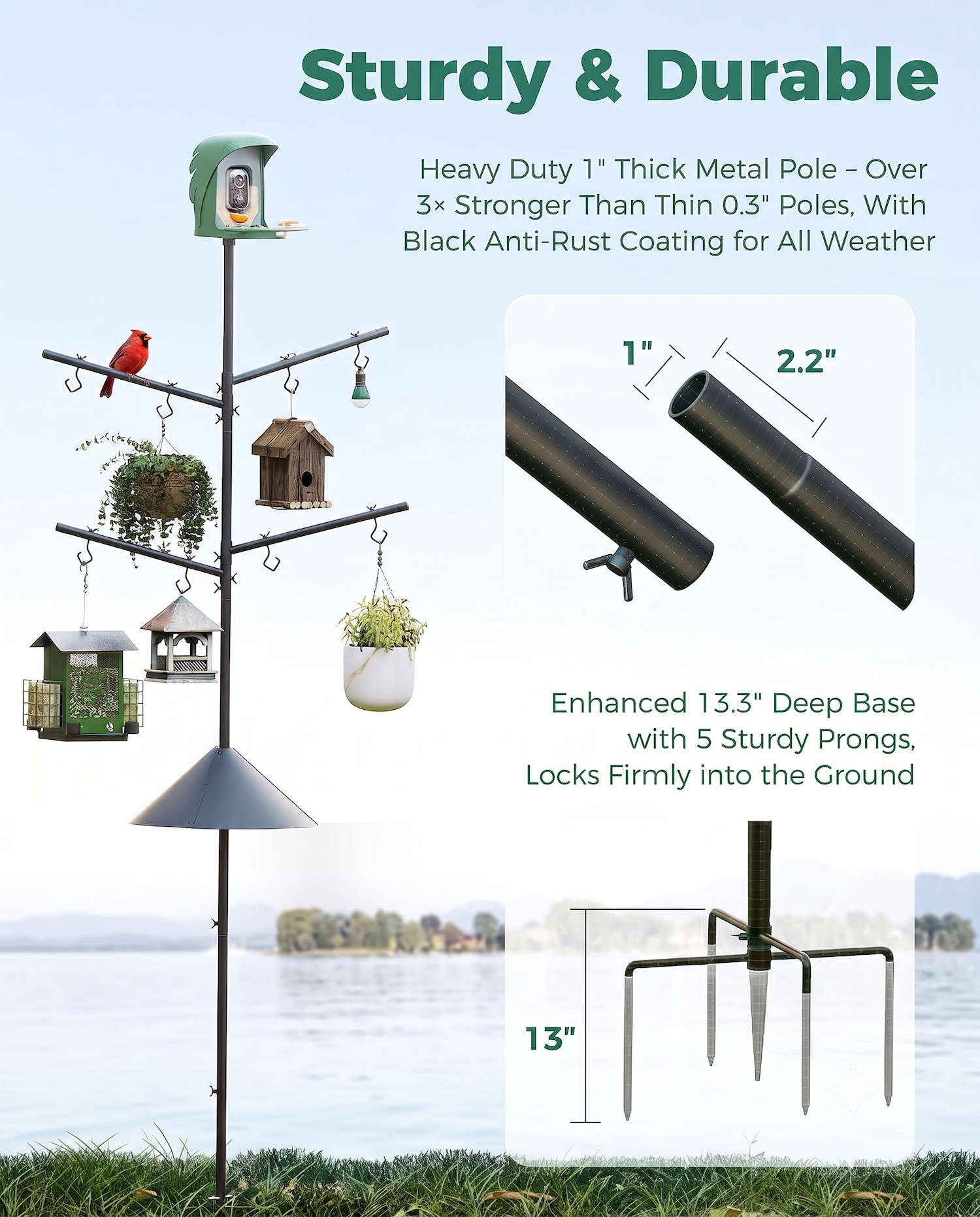 PerchMe Heavy-Duty Deluxe 92‘’ Bird Feeder Pole Station with Squirrel Baffle, 360° Rotating Crossbars & Hooks,Customizable Height