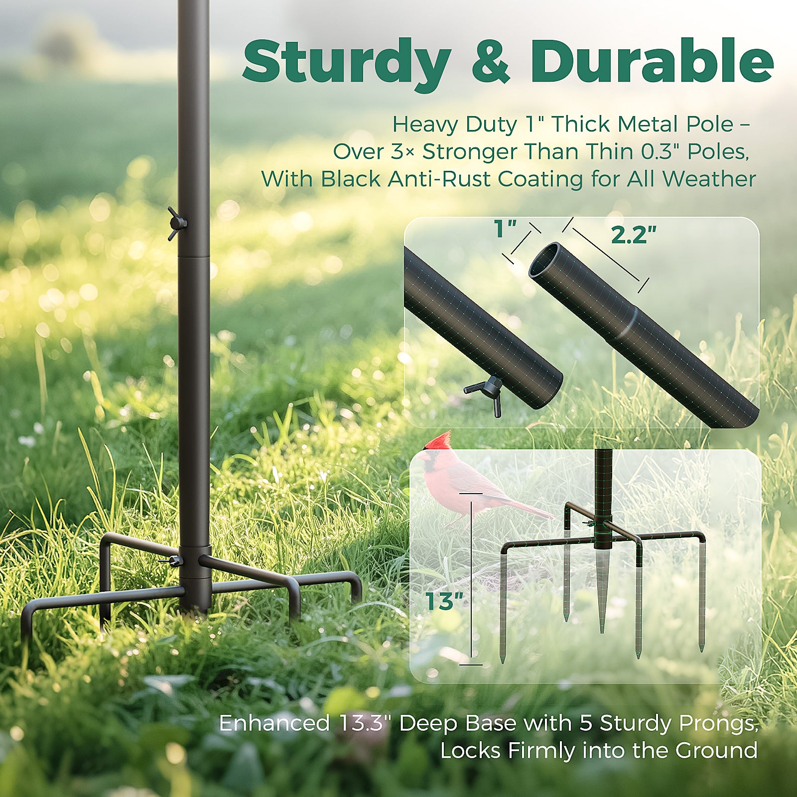 PerchMe Heavy-Duty Deluxe 92‘’ Bird Feeder Pole Station with Squirrel Baffle, 360° Rotating Crossbars & Hooks,Customizable Height