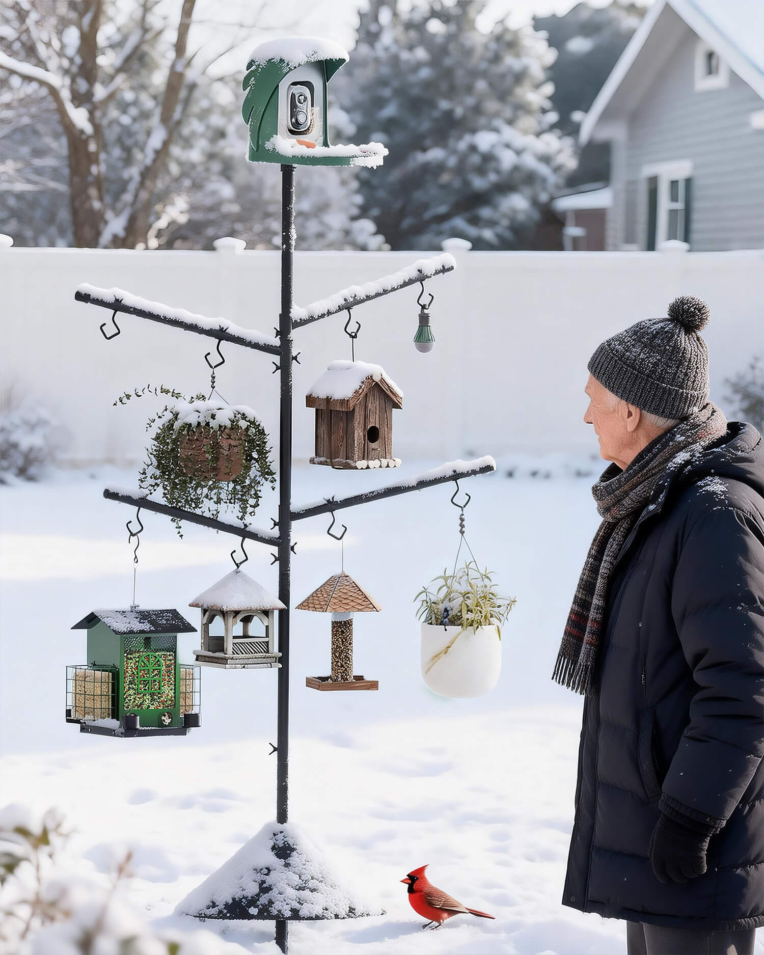 PerchMe Heavy-Duty Deluxe 92‘’ Bird Feeder Pole Station with Squirrel Baffle, 360° Rotating Crossbars & Hooks,Customizable Height