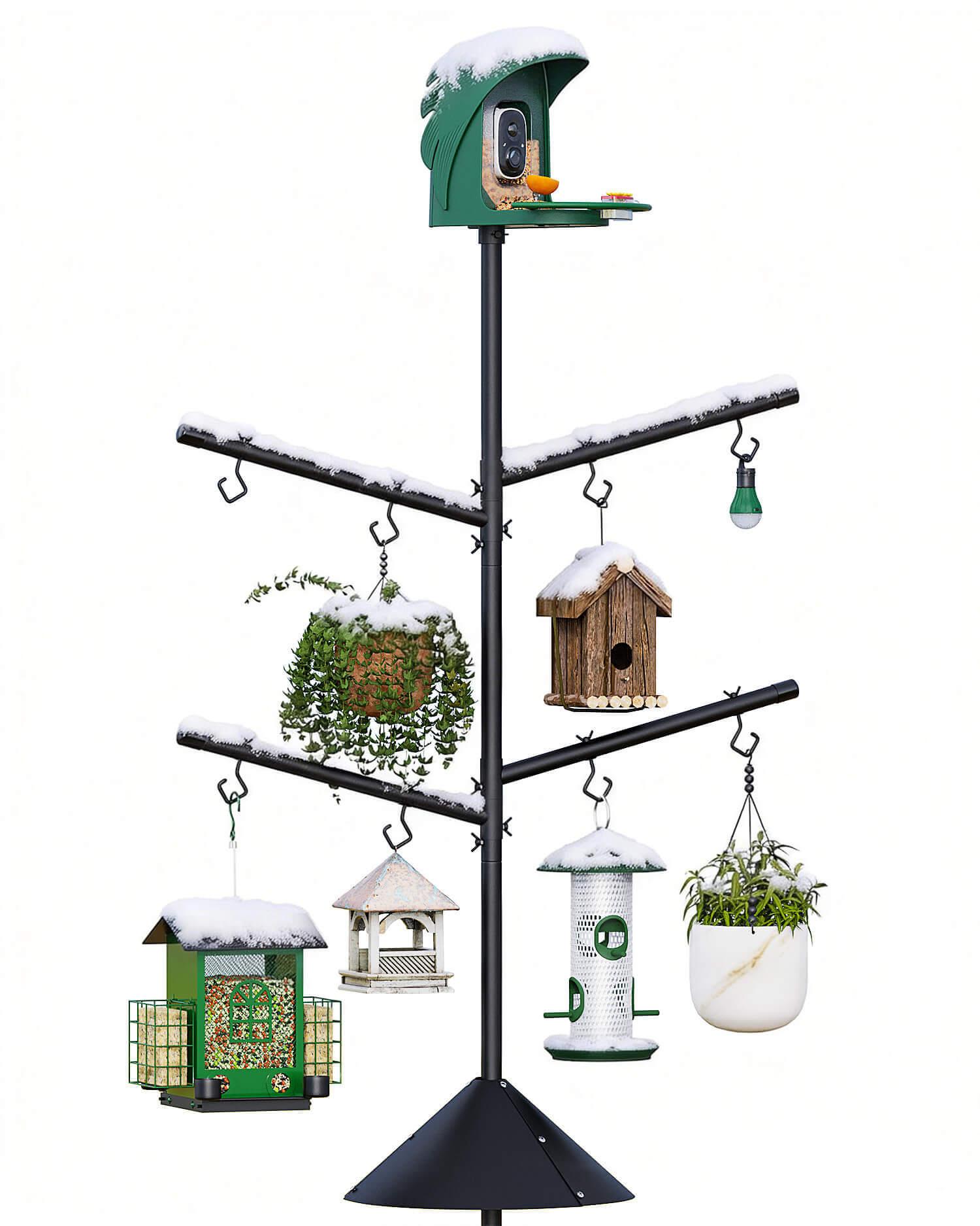 PerchMe Heavy-Duty Deluxe 92‘’ Bird Feeder Pole Station with Squirrel Baffle, 360° Rotating Crossbars & Hooks,Customizable Height
