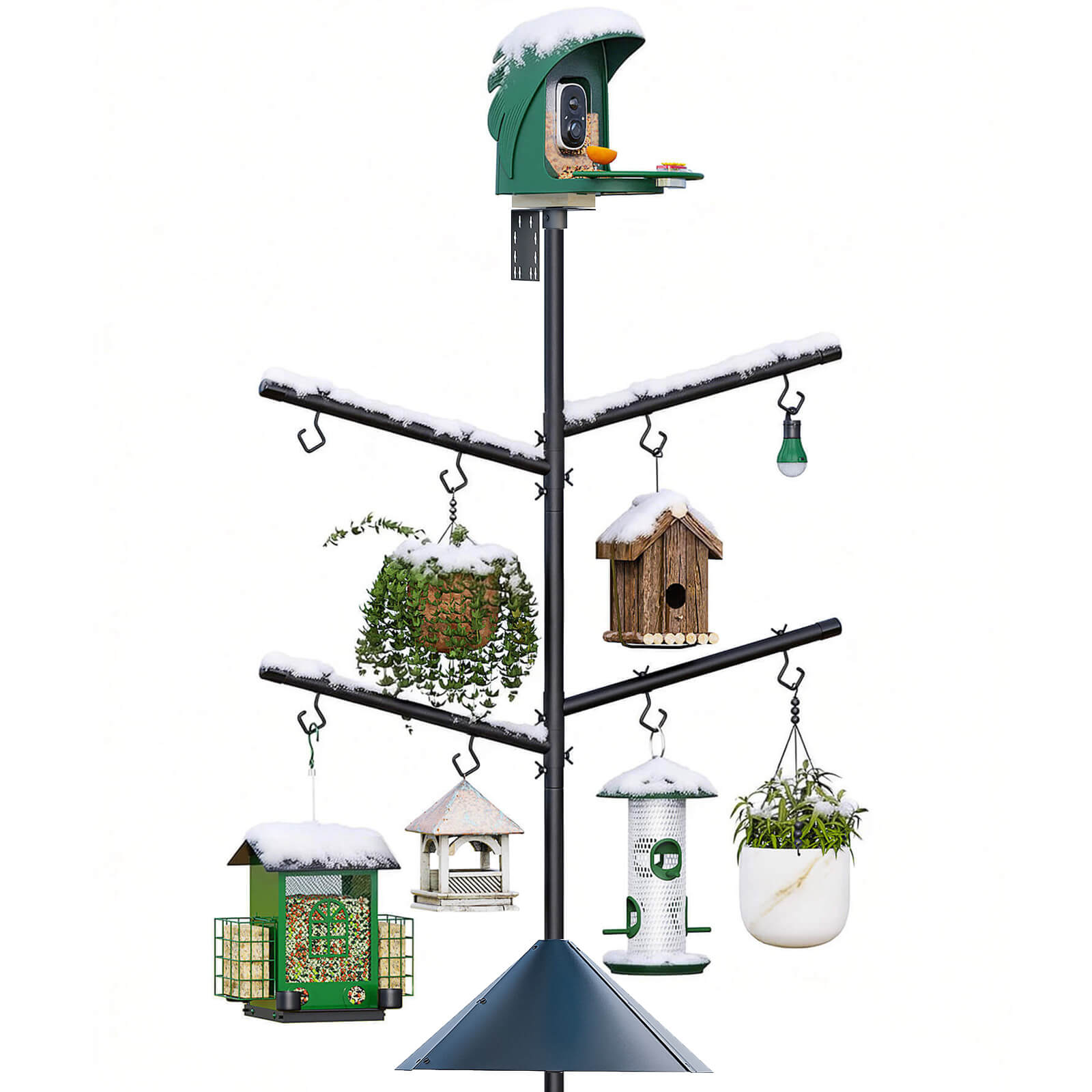 PerchMe Heavy-Duty Deluxe 92‘’ Bird Feeder Pole Station with Squirrel Baffle, 360° Rotating Crossbars & Hooks,Customizable Height