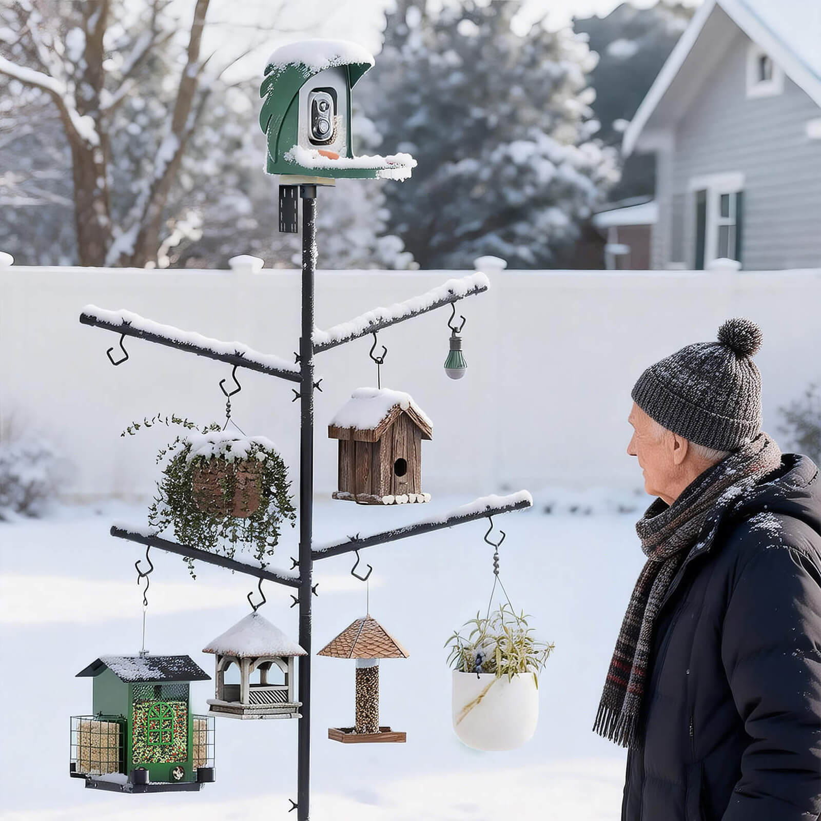 PerchMe Heavy-Duty Deluxe 92‘’ Bird Feeder Pole Station with Squirrel Baffle, 360° Rotating Crossbars & Hooks,Customizable Height