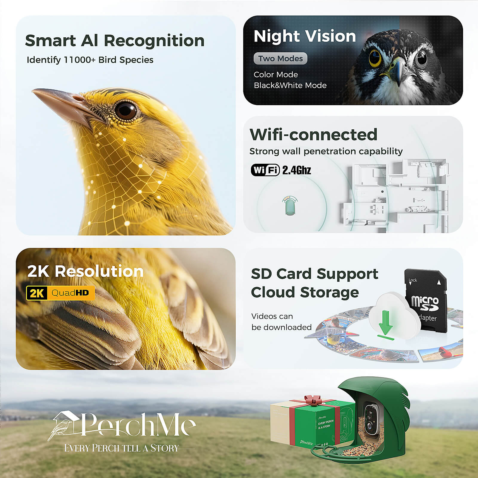 PerchMe Smart AI Bird Feeder & Pole Bundle - Solar-Powered 2K AI Camera + Heavy-Duty Adjustable Squirrel-Proof Bird Feeder Pole