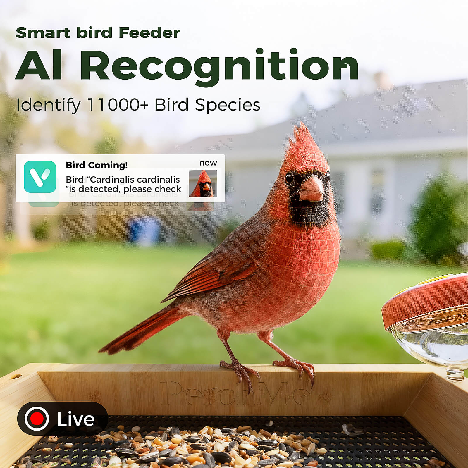 PerchMe® Bamboo Smart Bird Feeder with 2K AI Camera – FSC-Certified, Solar Powered, Eco-Friendly Gift for Bird Lovers (64G SD Card Included)