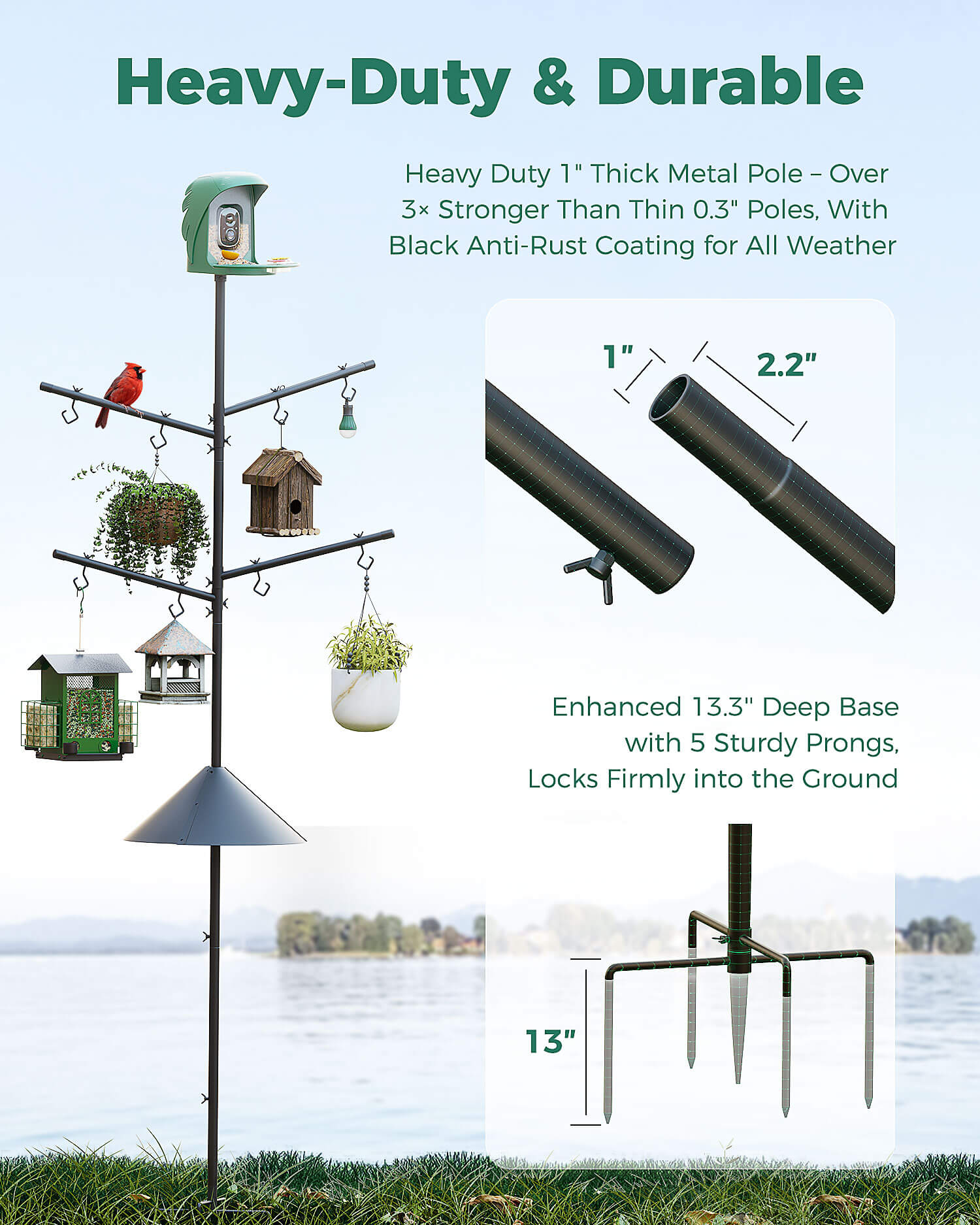PerchMe Heavy-Duty Deluxe 92‘’ Bird Feeder Pole Station with Squirrel Baffle, 360° Rotating Crossbars & Hooks,Customizable Height