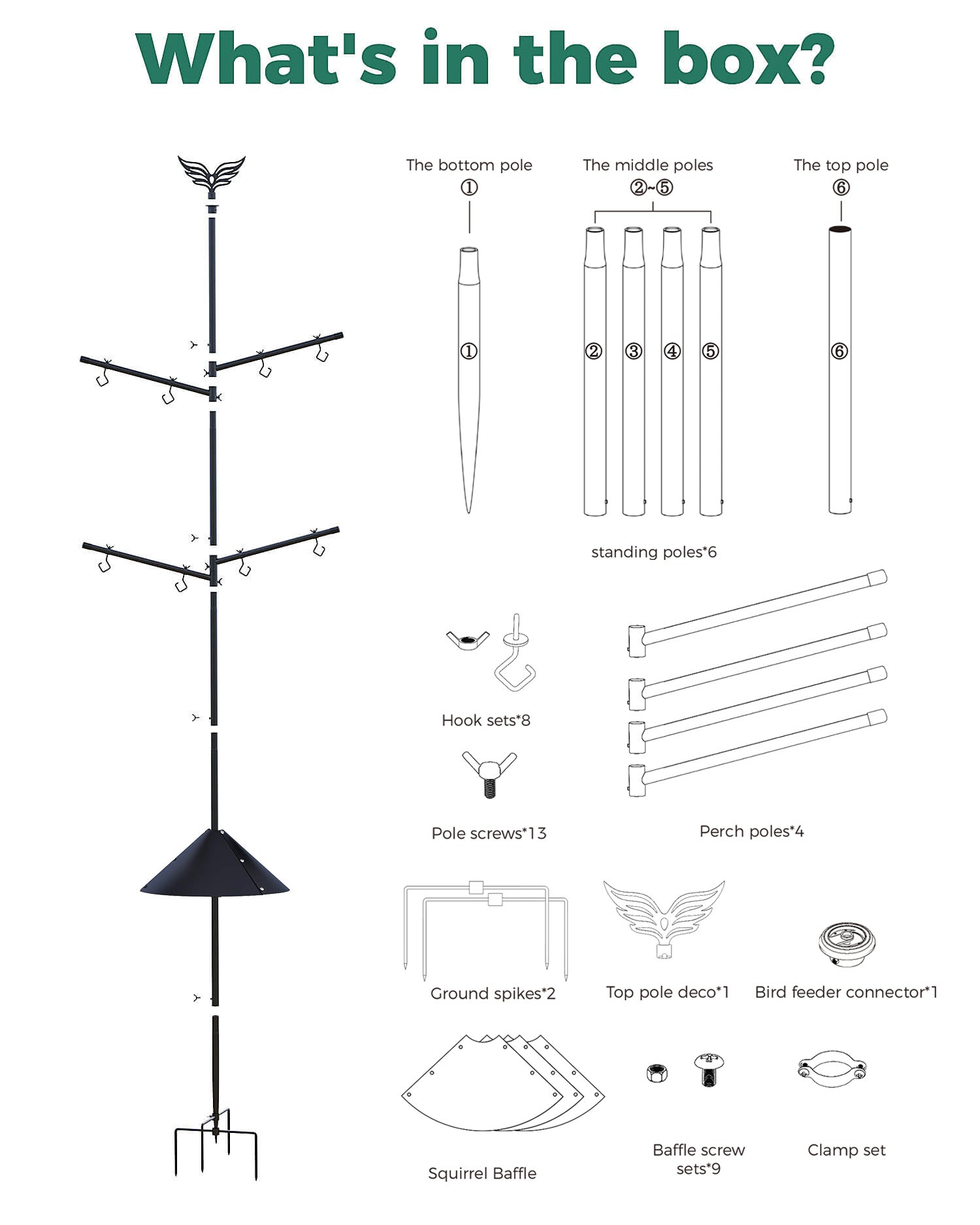 PerchMe Heavy-Duty Deluxe 92‘’ Bird Feeder Pole Station with Squirrel Baffle, 360° Rotating Crossbars & Hooks,Customizable Height