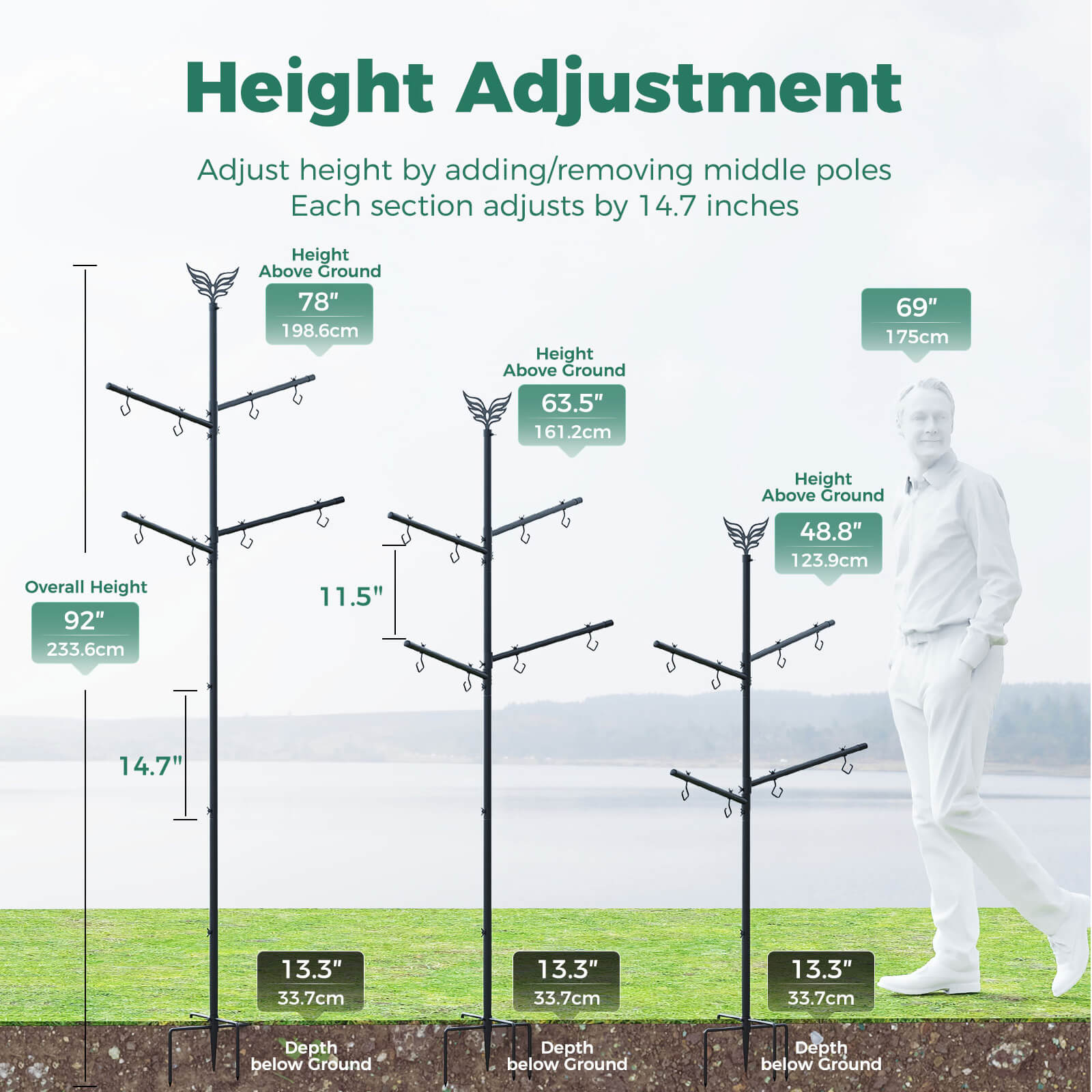 PerchMe Heavy-Duty Deluxe 92‘’ Bird Feeder Pole Station with Squirrel Baffle, 360° Rotating Crossbars & Hooks,Customizable Height