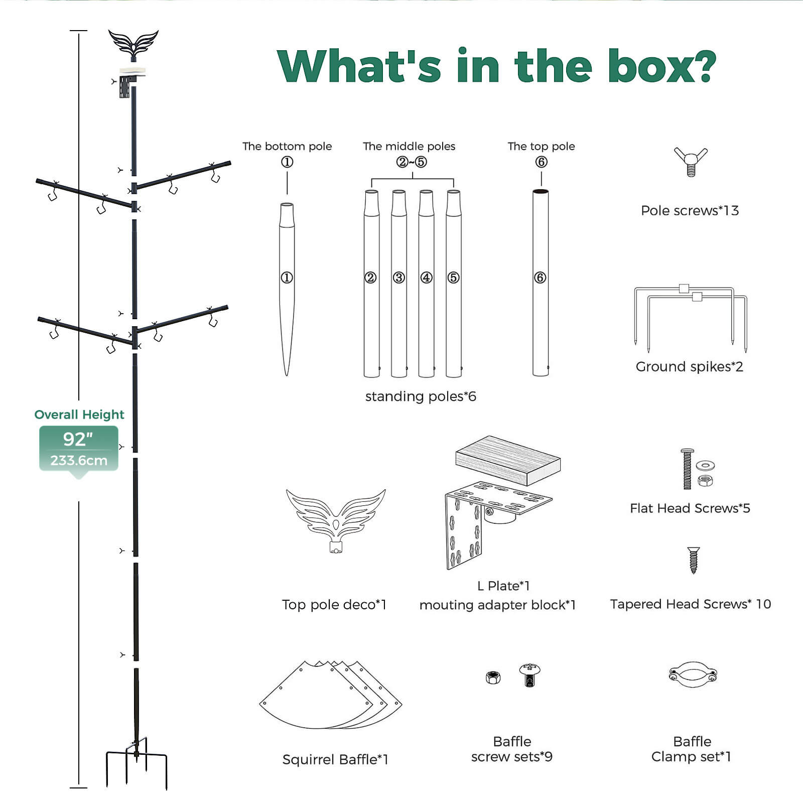 PerchMe Heavy-Duty Deluxe 92‘’ Bird Feeder Pole Station with Squirrel Baffle, 360° Rotating Crossbars & Hooks,Customizable Height