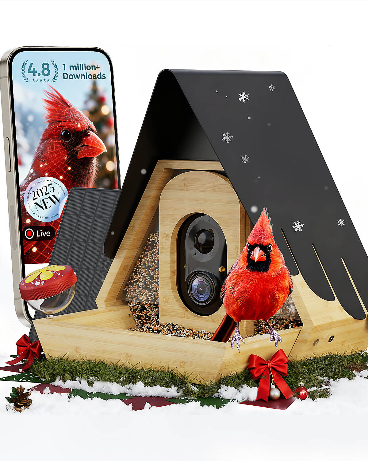 PerchMe® Bamboo Smart Bird Feeder with 2K AI Camera – FSC-Certified, Solar Powered, Eco-Friendly Gift for Bird Lovers (64G SD Card Included)