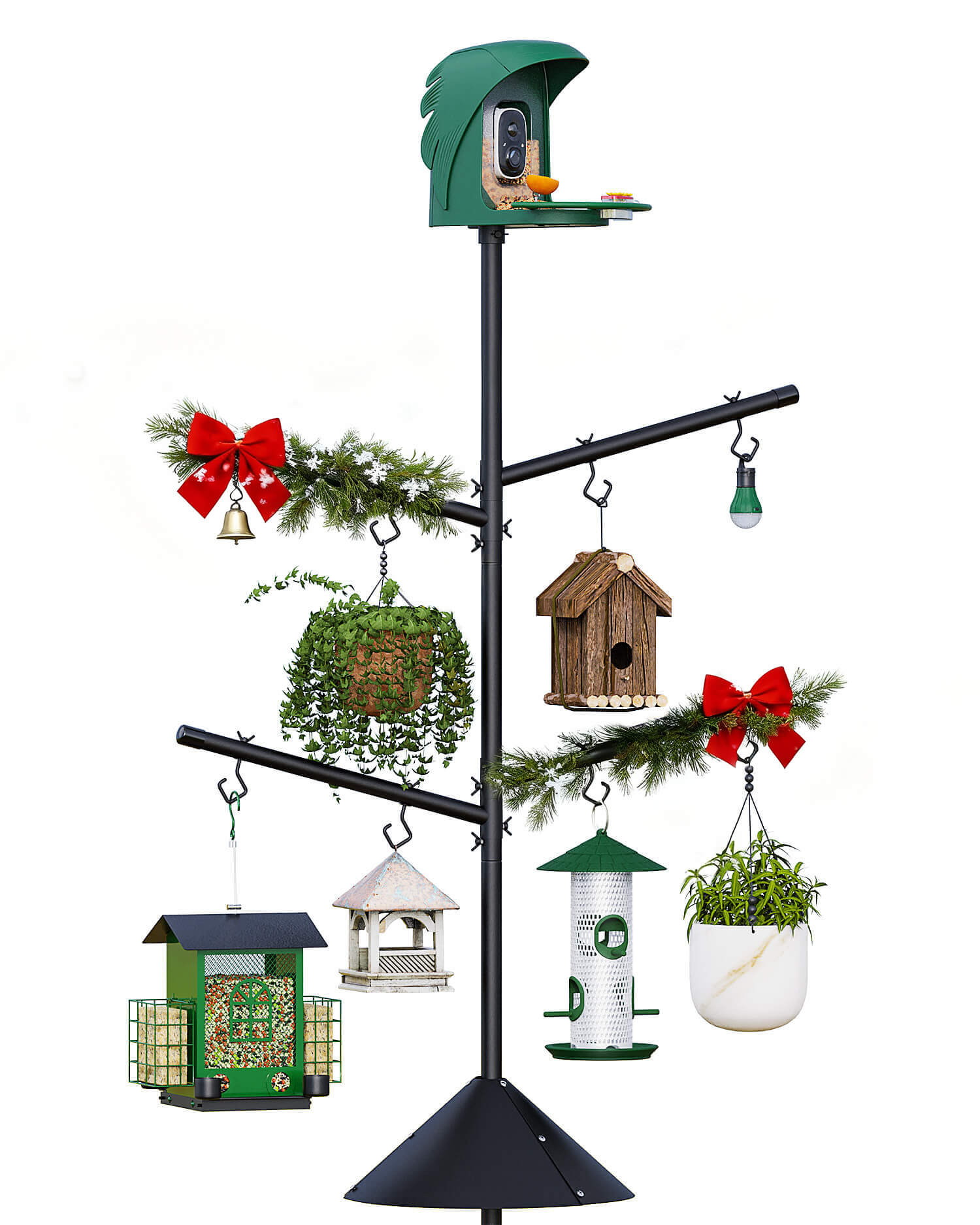 PerchMe Heavy-Duty Deluxe 92‘’ Bird Feeder Pole Station with Squirrel Baffle, 360° Rotating Crossbars & Hooks,Customizable Height