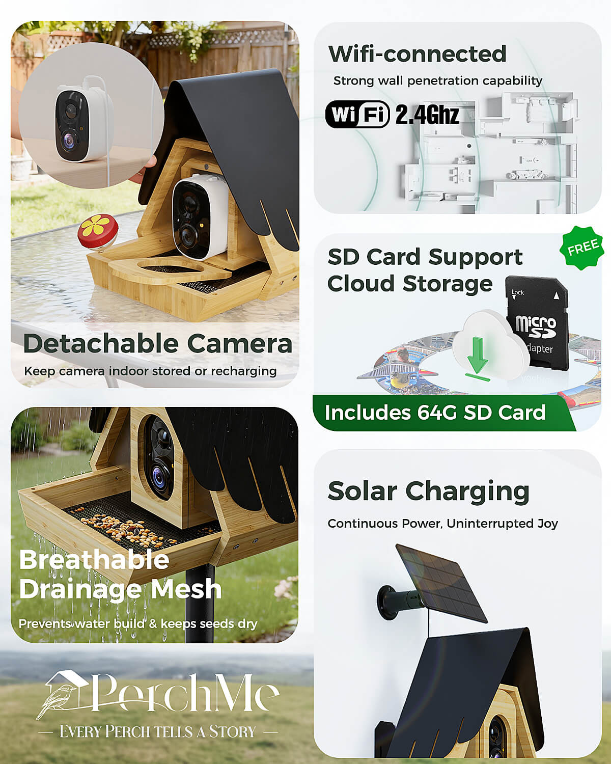 PerchMe® Bamboo Smart Bird Feeder with 2K AI Camera – FSC-Certified, Solar Powered, Eco-Friendly Gift for Bird Lovers (64G SD Card Included)