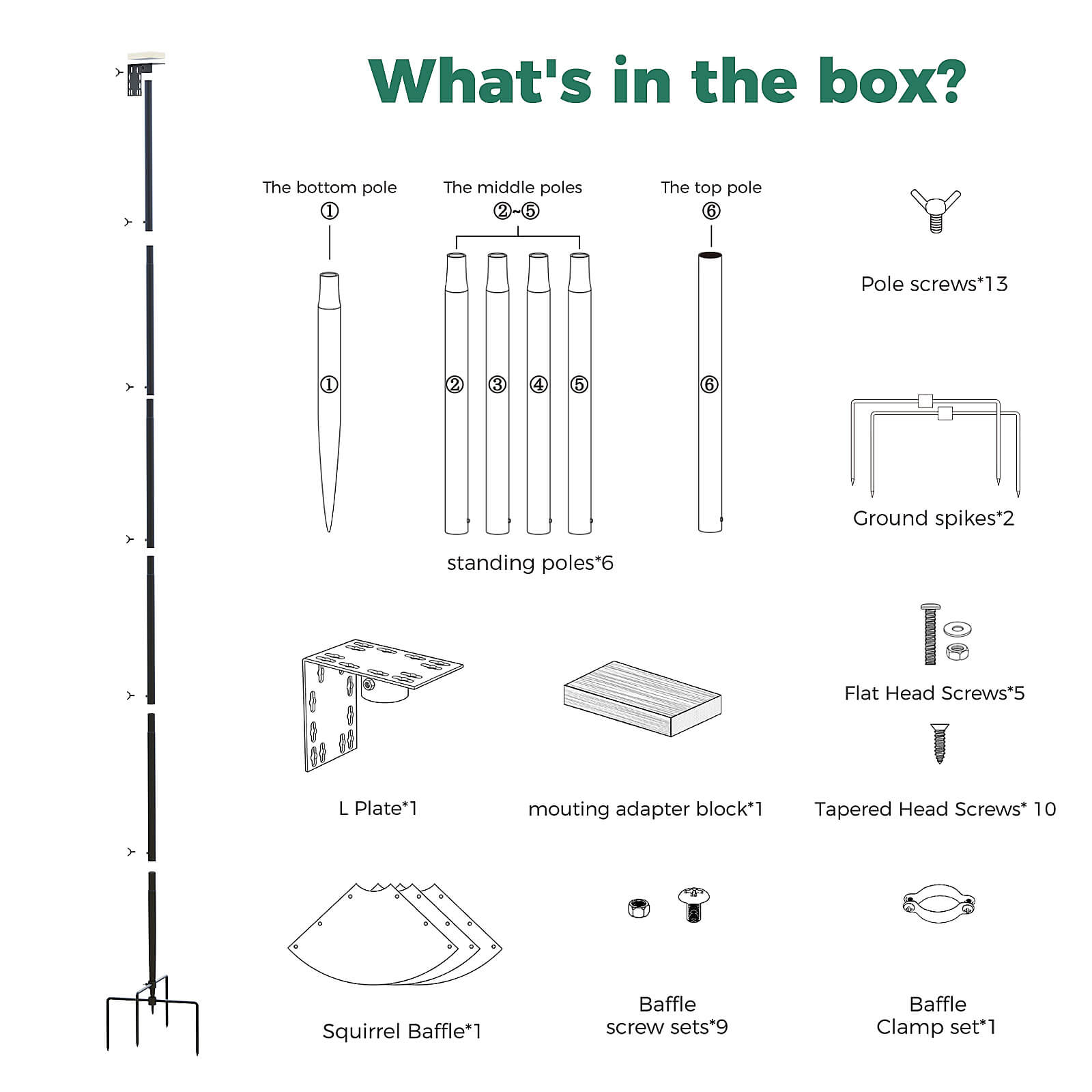 PerchMe Heavy-Duty Deluxe 92‘’ Bird Feeder Pole Station with Squirrel Baffle, 360° Rotating Crossbars & Hooks,Customizable Height