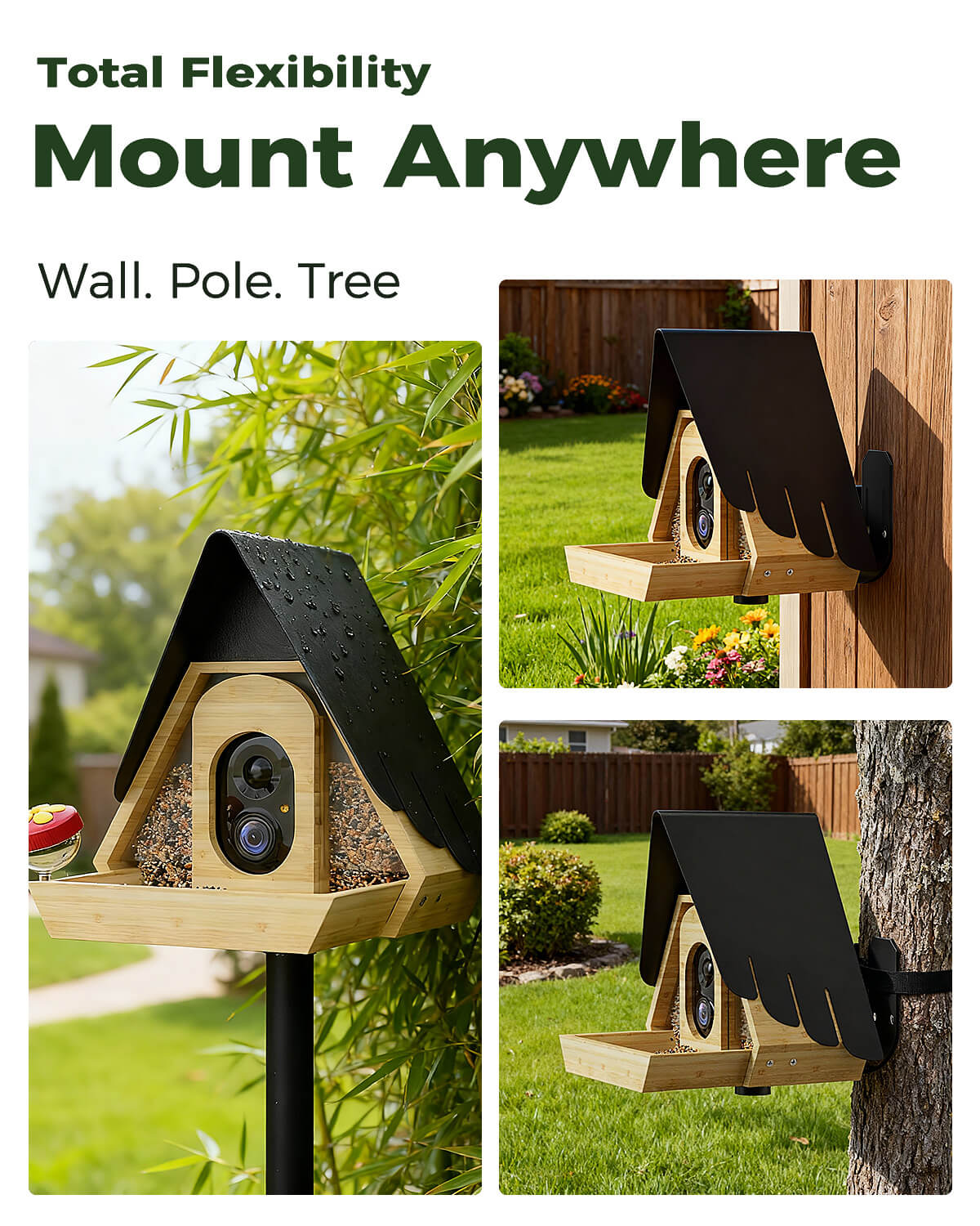 PerchMe® Bamboo Smart Bird Feeder with 2K AI Camera – FSC-Certified, Solar Powered, Eco-Friendly Gift for Bird Lovers (64G SD Card Included)