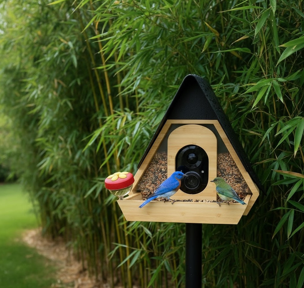 bamboo Bird feeder with ai camera on a bird feeder pole