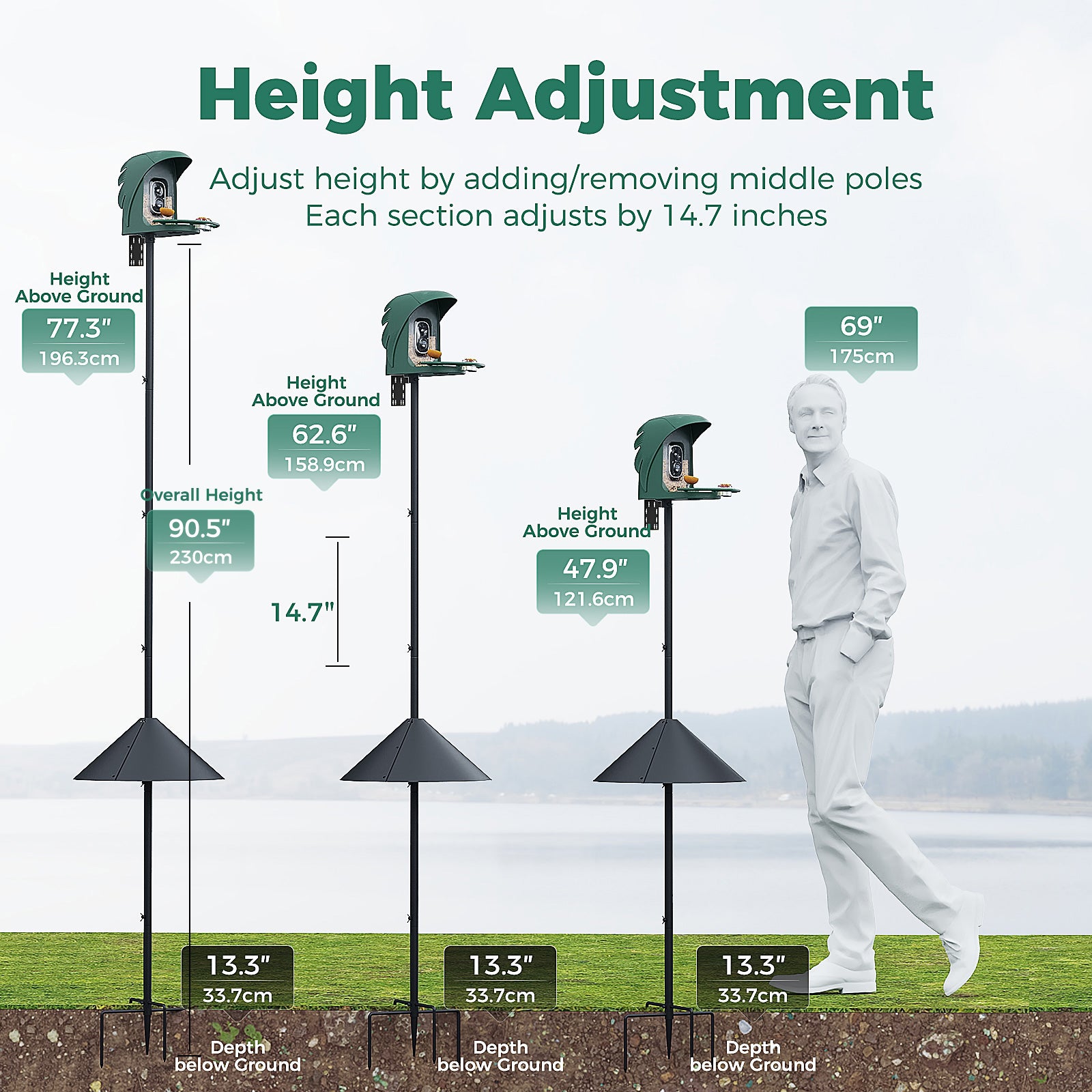 PerchMe 90'' Heavy-Duty Standard Bird Feeder Pole Station with Squirrel Baffle,Customizable Height,Universal Adapter Included
