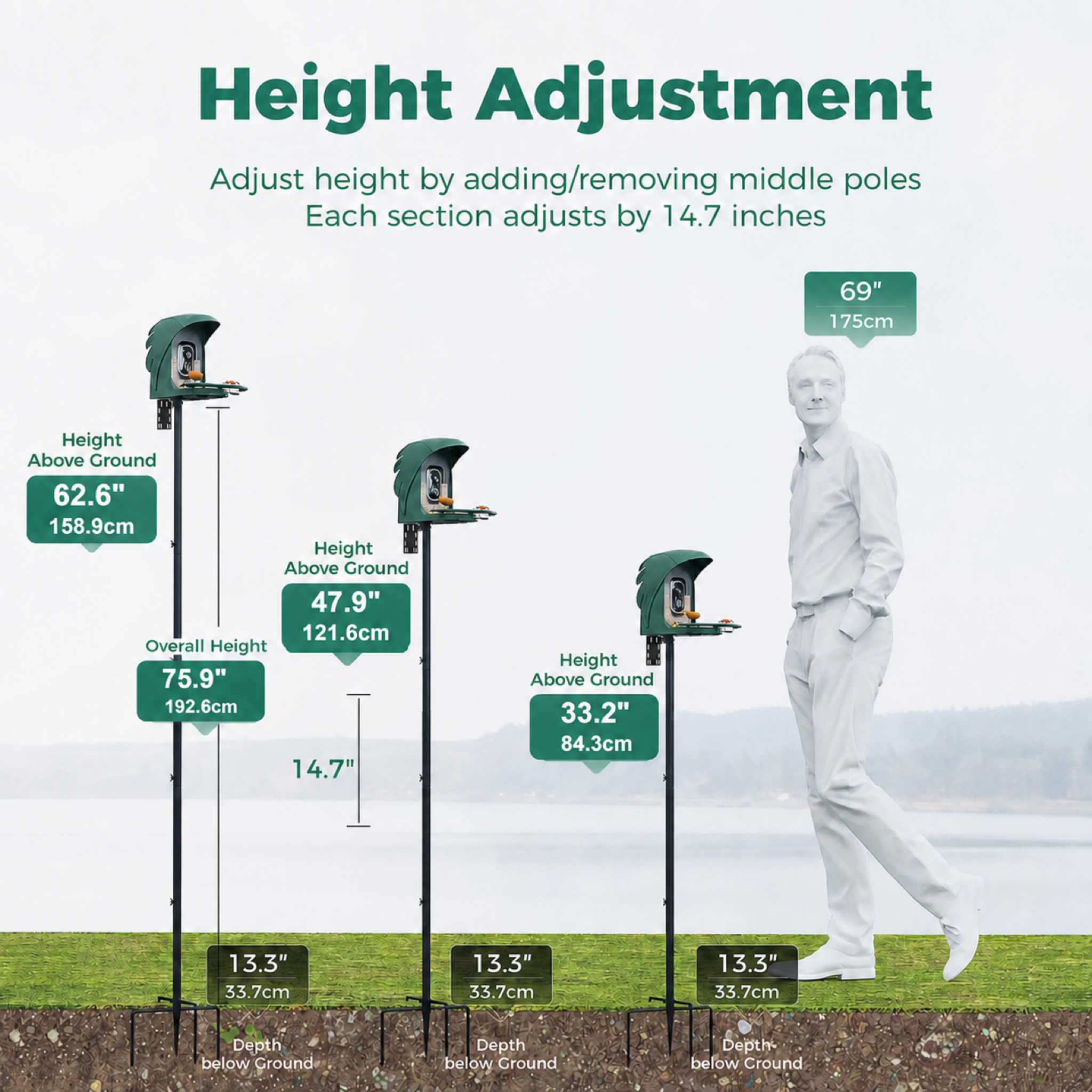 PerchMe 76'' Heavy-Duty Bird Feeder Pole, 1'' Thick Rustproof, Adjustable Height, Universal Mount Kit (No Squirrel Baffle)