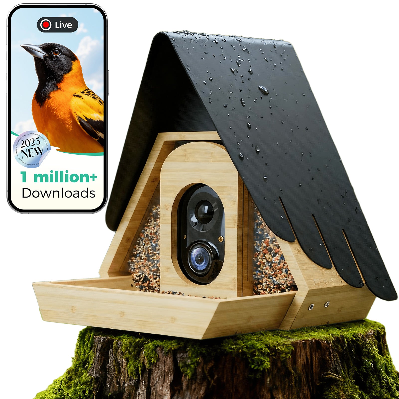 PerchMe® Bamboo Smart Bird Feeder with 2K AI Camera – FSC-Certified, Solar Powered, Eco-Friendly Gift for Bird Lovers (64G SD Card Included)