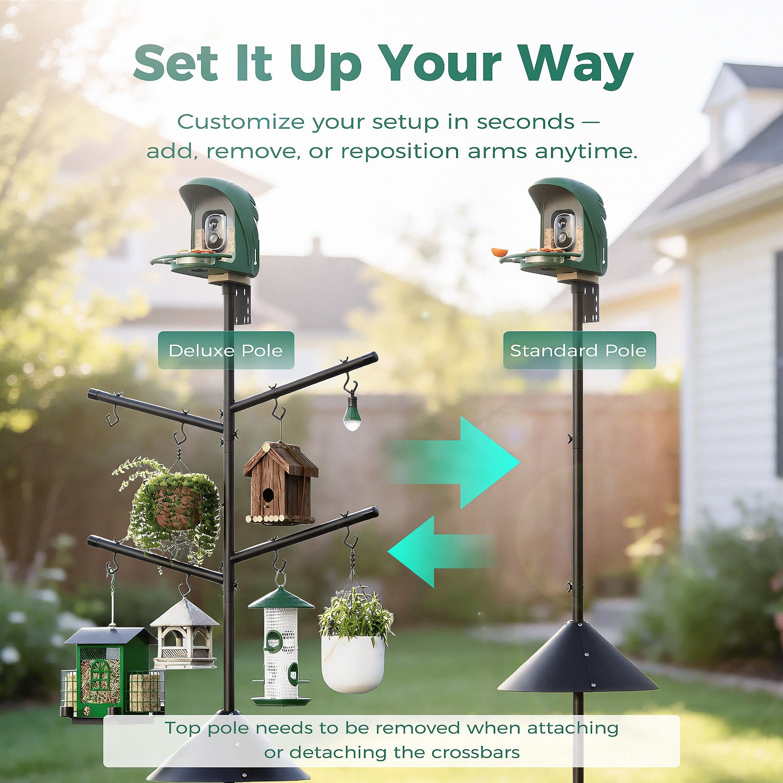 PerchMe Heavy-Duty Deluxe 92‘’ Bird Feeder Pole Station with Squirrel Baffle, 360° Rotating Crossbars & Hooks,Customizable Height